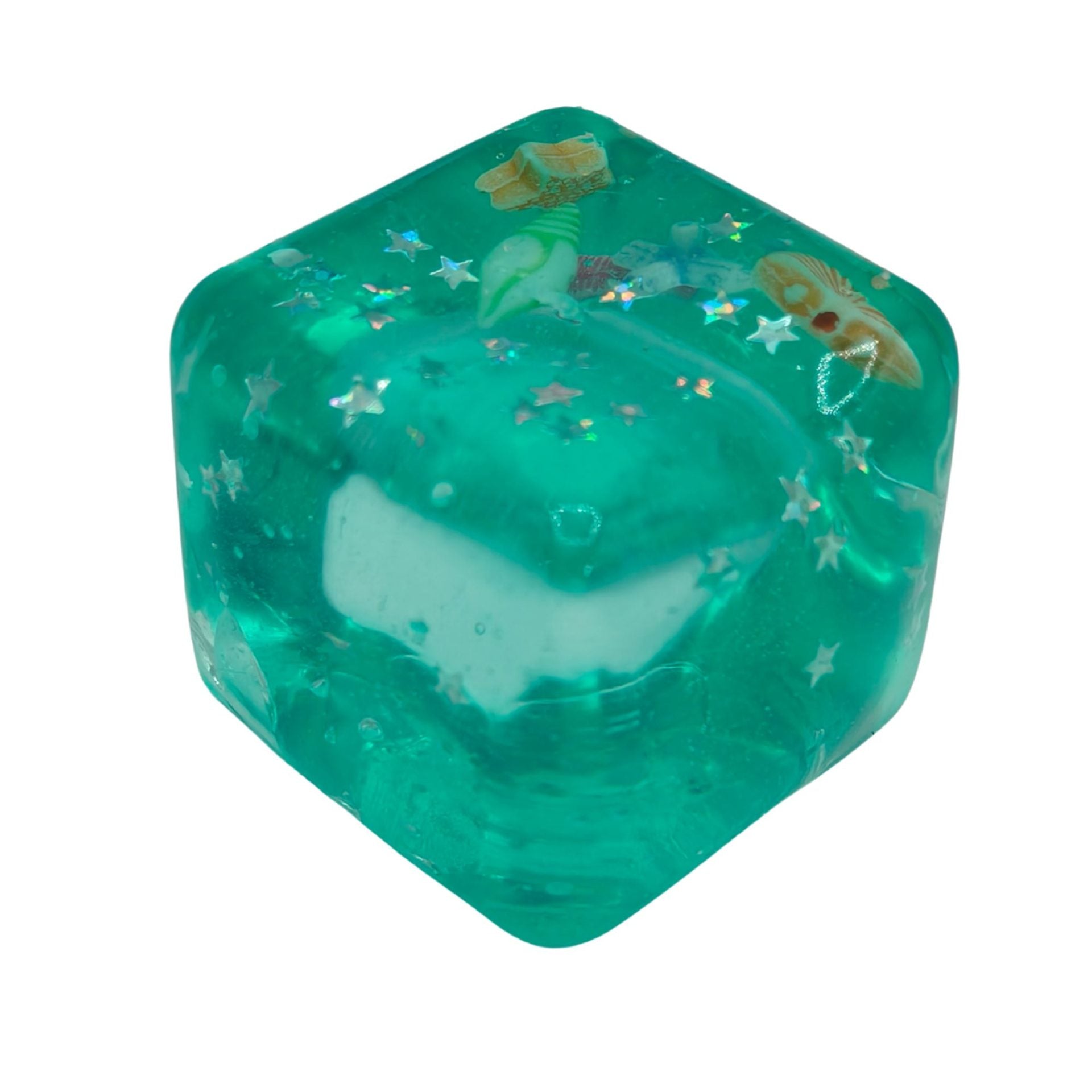 Jucarie Squishy tip Needoh in Forma de Cub, Model Cub de Gheata cu Stele Maritime, Antistres Senzoriala Comprimabila cu Revenire Lenta, 4.5x4.5x4.5 cm, 110 g, Verde