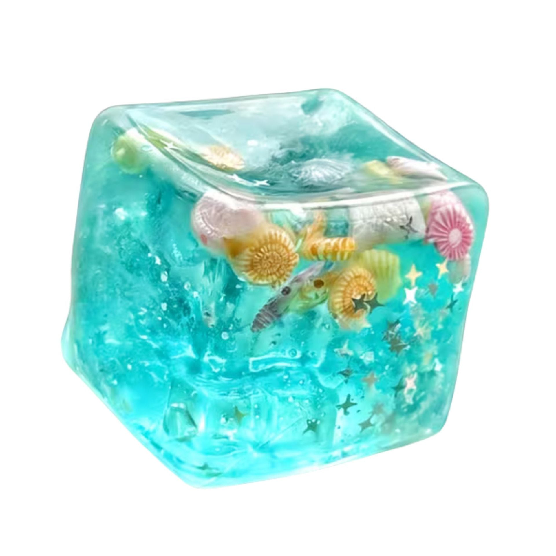 Jucarie Squishy tip Needoh in Forma de Cub, Model Cub de Gheata cu Stele Maritime, Antistres Senzoriala Comprimabila cu Revenire Lenta, 5.5x5.5x5.5 cm, 180 g, Albastru