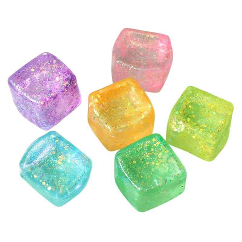 Jucarie Squishy tip Needoh in Forma de Cub, Model Sclipici, Antistres Senzoriala Comprimabila cu Revenire Lenta, 4.5x4.5x4.5 cm, 110 g, Culoare Mix