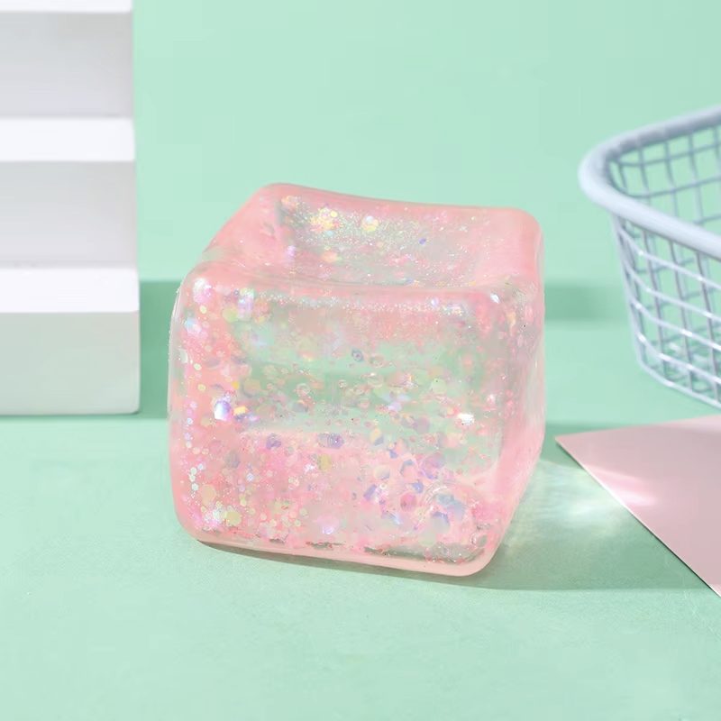Jucarie Squishy tip Needoh in Forma de Cub, Model Sclipici, Antistres Senzoriala Comprimabila cu Revenire Lenta, 4.5x4.5x4.5 cm, 110 g, Culoare Mix