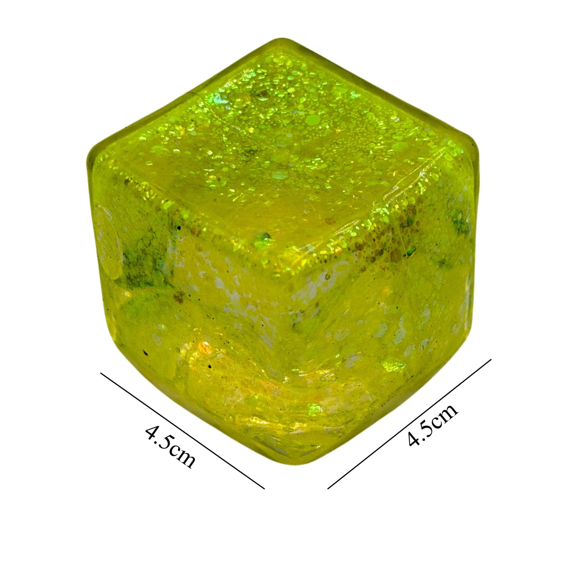 Jucarie Squishy tip Needoh in Forma de Cub, Model Ice Cube cu Sclipici Magic, Antistres Senzoriala Comprimabila cu Revenire Lenta, 4.5x4.5 cm, 110 g, Galben