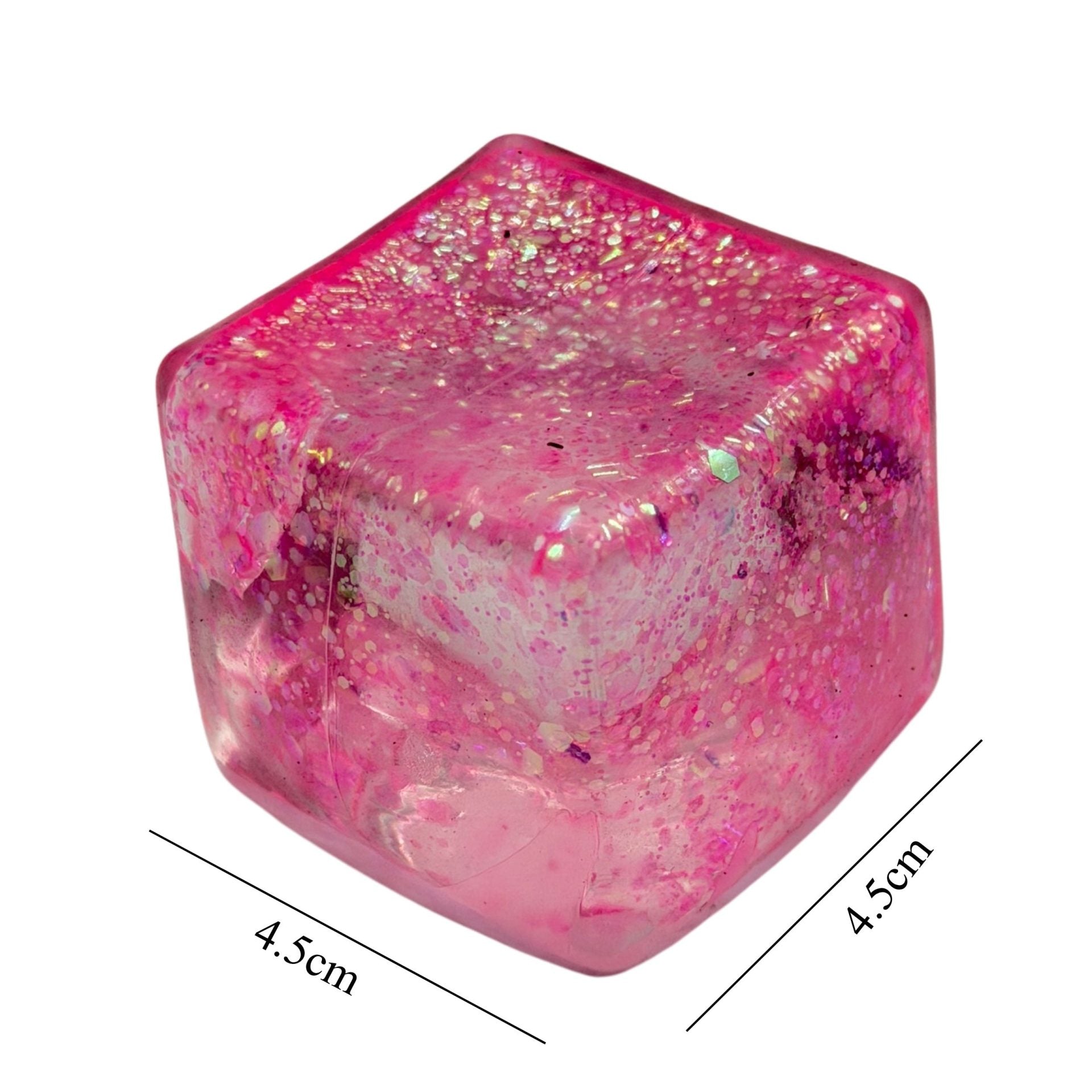 Jucarie Squishy tip Needoh in Forma de Cub, Model Ice Cube cu Sclipici Magic, Antistres Senzoriala Comprimabila cu Revenire Lenta, 4.5x4.5 cm, 110 g, Roz