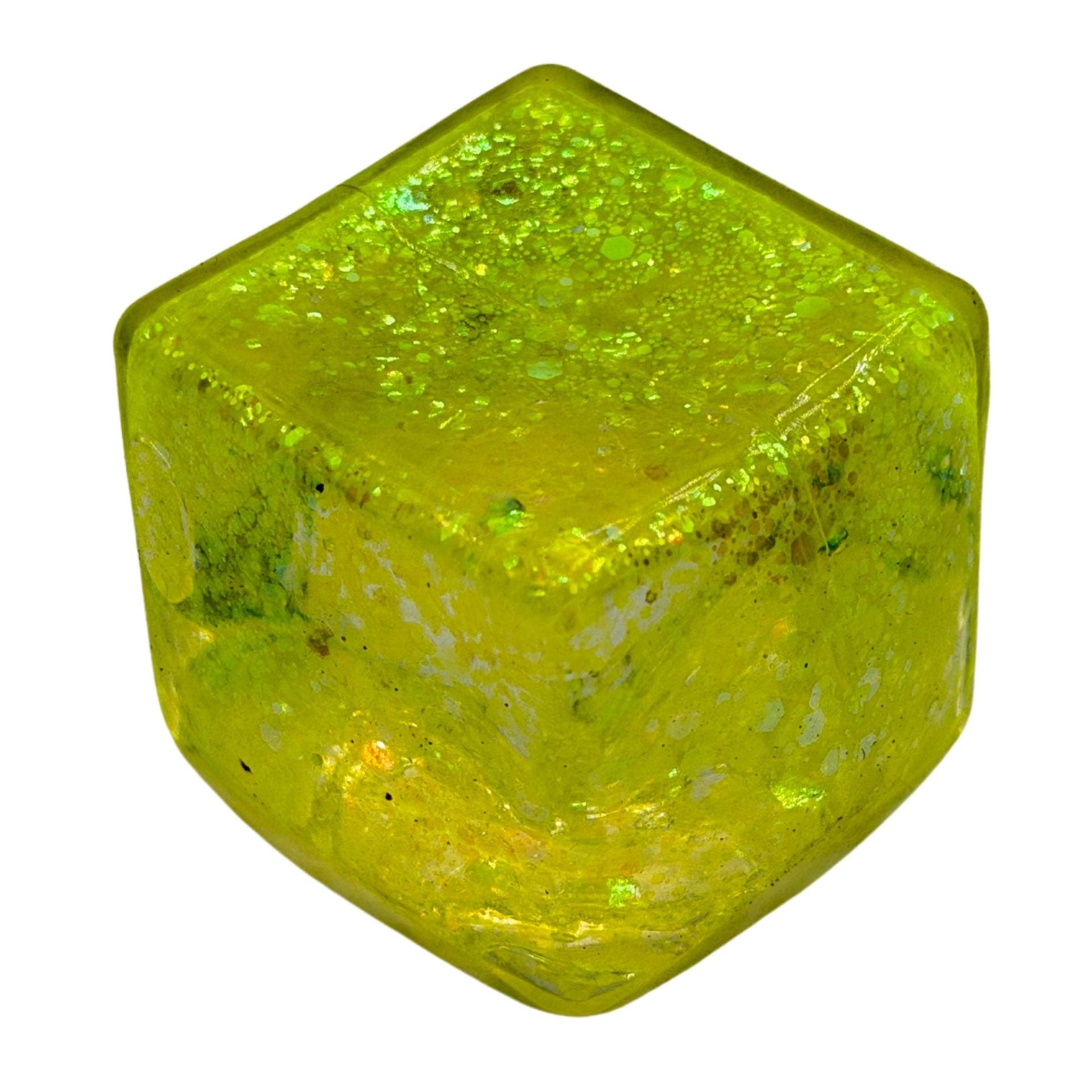 Jucarie Squishy tip Needoh in Forma de Cub, Model Ice Cube cu Sclipici Magic, Antistres Senzoriala Comprimabila cu Revenire Lenta, 3x3 cm, 30 g, Galben