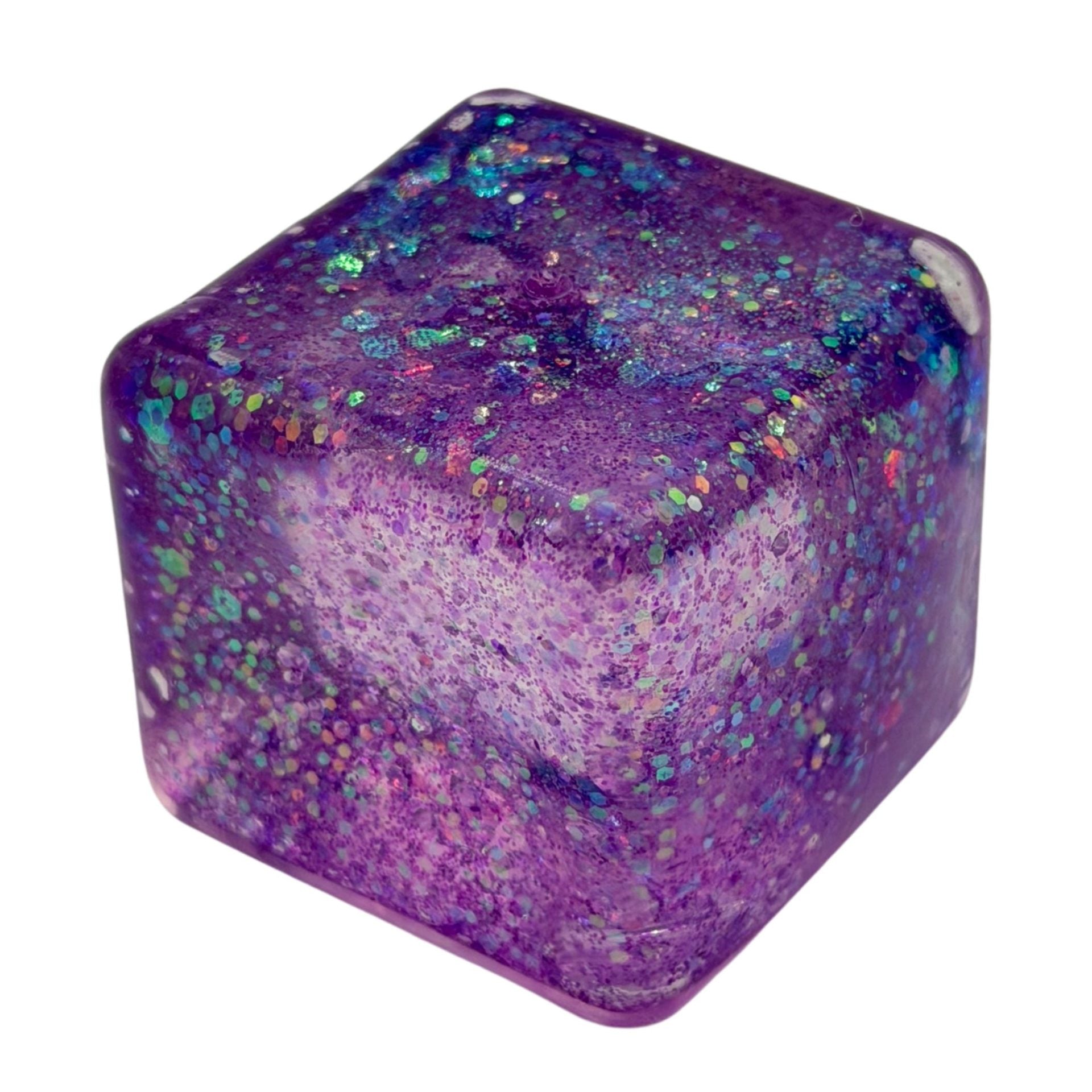 Jucarie Squishy tip Needoh in Forma de Cub, Model Ice Cube cu Sclipici Magic, Antistres Senzoriala Comprimabila cu Revenire Lenta, 3x3 cm, 30 g, Mov