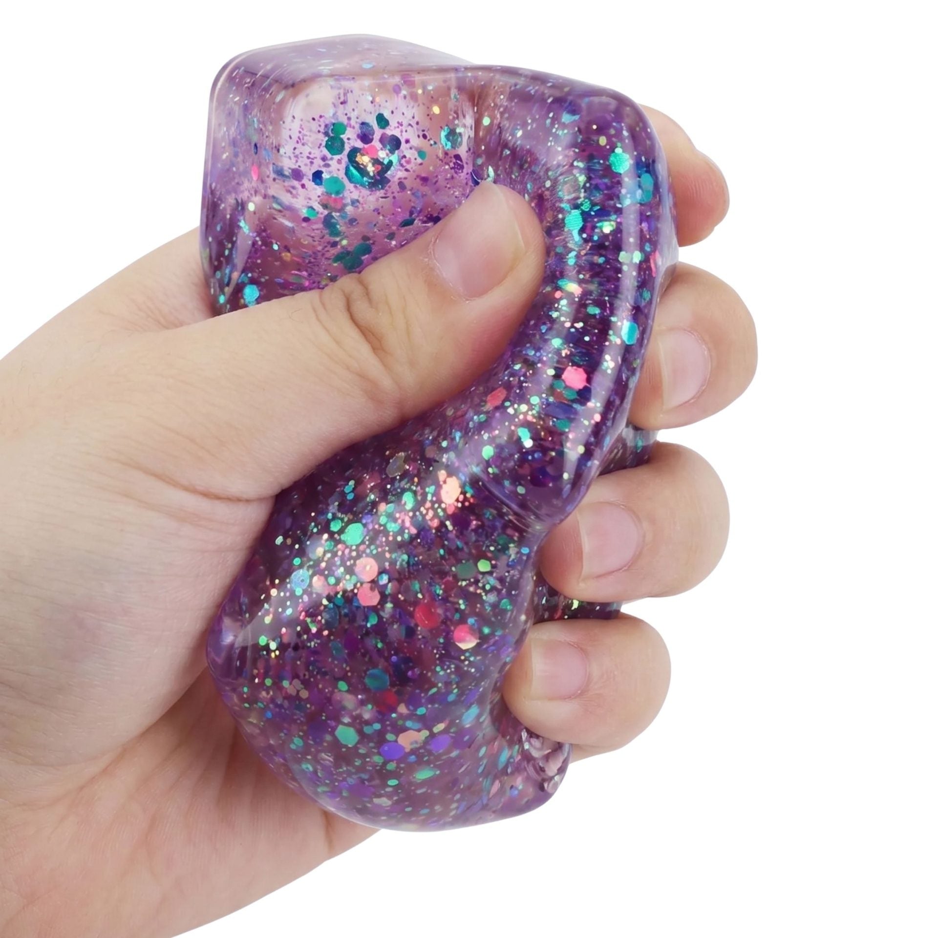Jucarie Squishy tip Needoh in Forma de Cub, Model Ice Cube cu Sclipici Magic, Antistres Senzoriala Comprimabila cu Revenire Lenta, 3x3 cm, 30 g, Mov