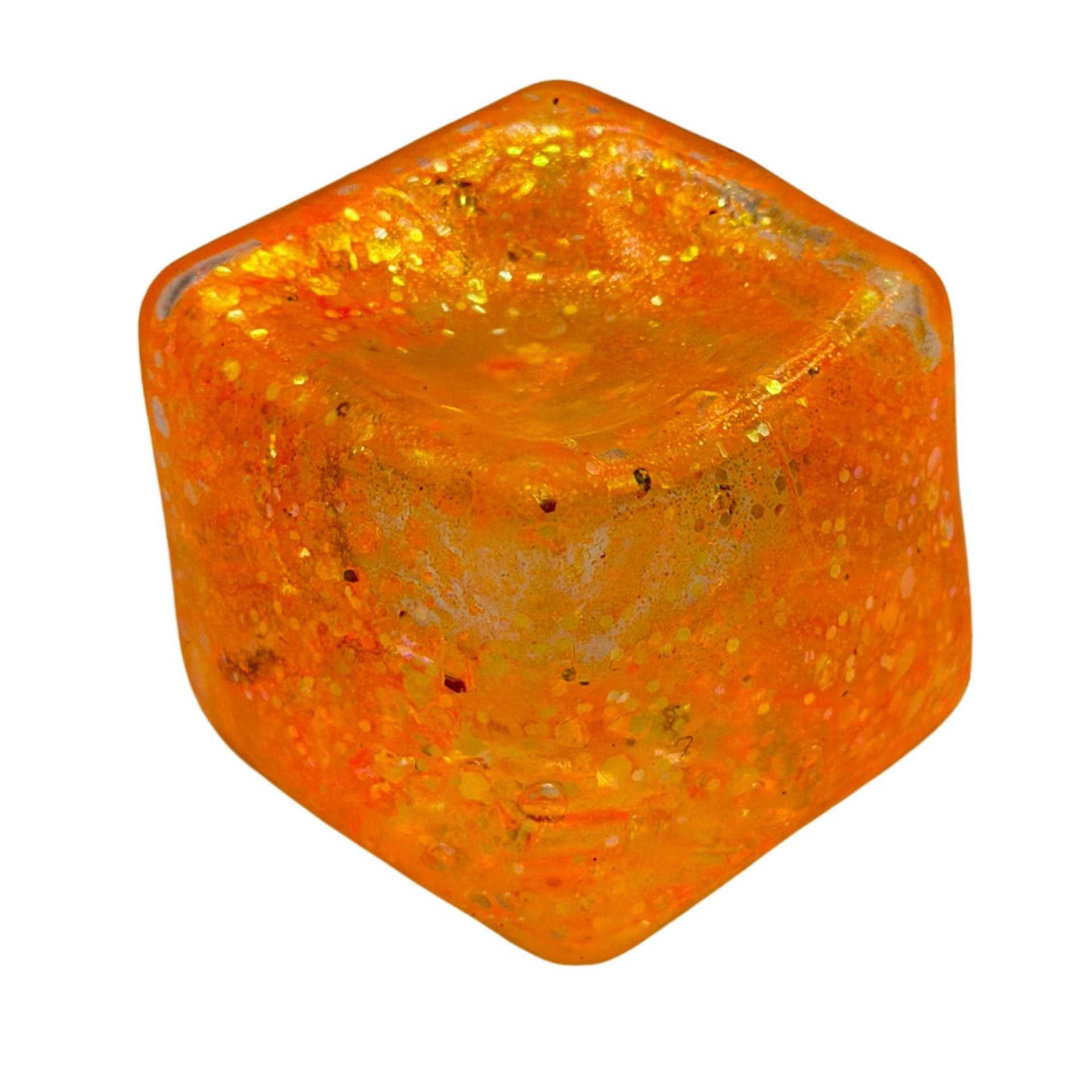 Jucarie Squishy tip Needoh in Forma de Cub, Model Ice Cube cu Sclipici Magic, Antistres Senzoriala Comprimabila cu Revenire Lenta, 3x3 cm, 30 g, Portocaliu