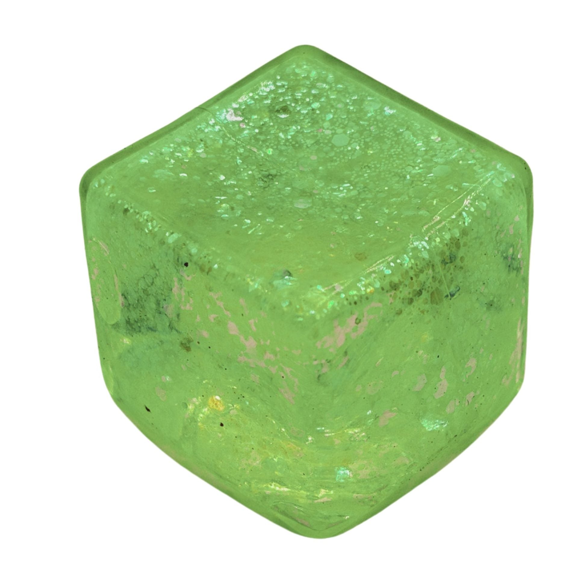 Jucarie Squishy tip Needoh in Forma de Cub, Model Ice Cube cu Sclipici Magic, Antistres Senzoriala Comprimabila cu Revenire Lenta, 3x3 cm, 30 g, Verde
