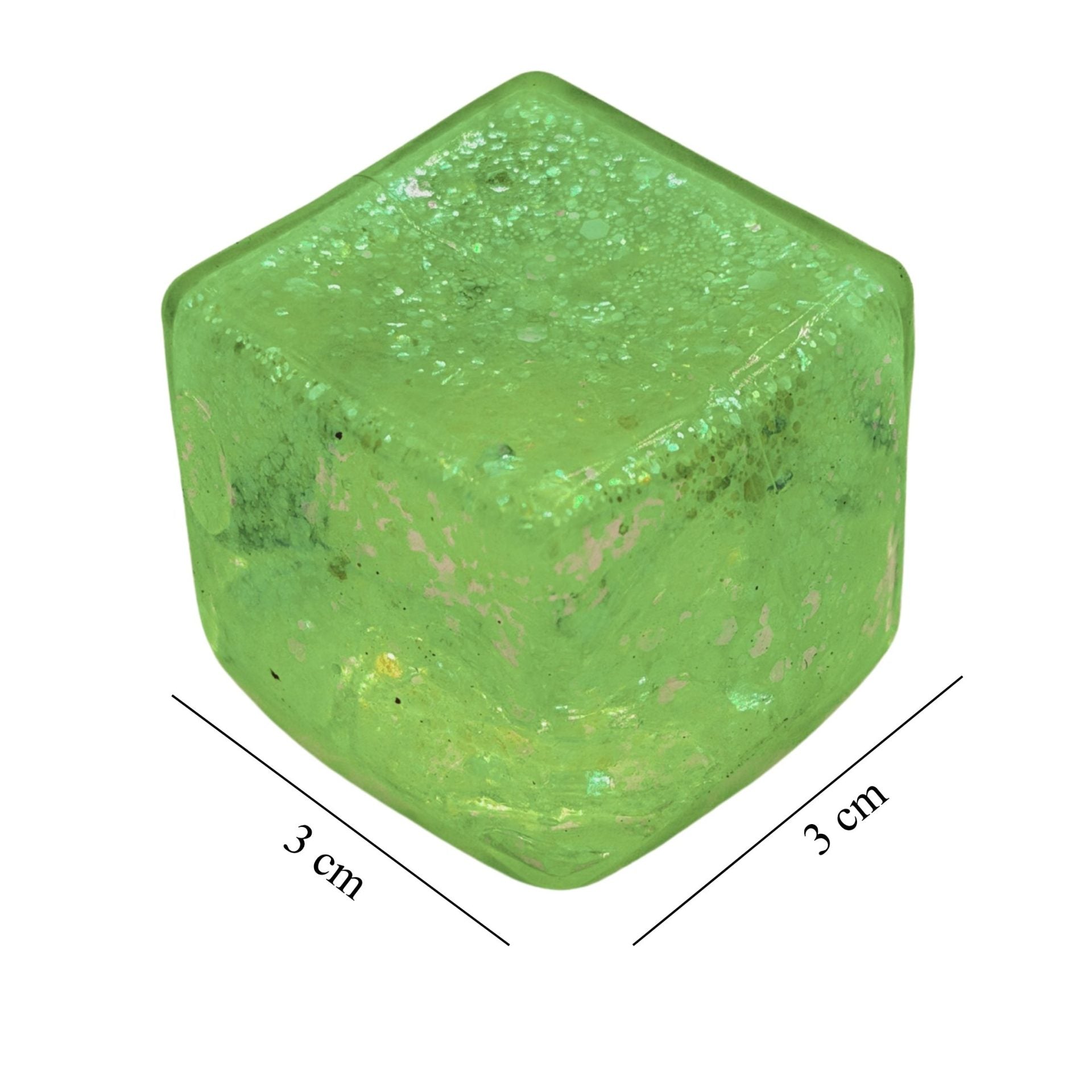 Jucarie Squishy tip Needoh in Forma de Cub, Model Ice Cube cu Sclipici Magic, Antistres Senzoriala Comprimabila cu Revenire Lenta, 3x3 cm, 30 g, Verde