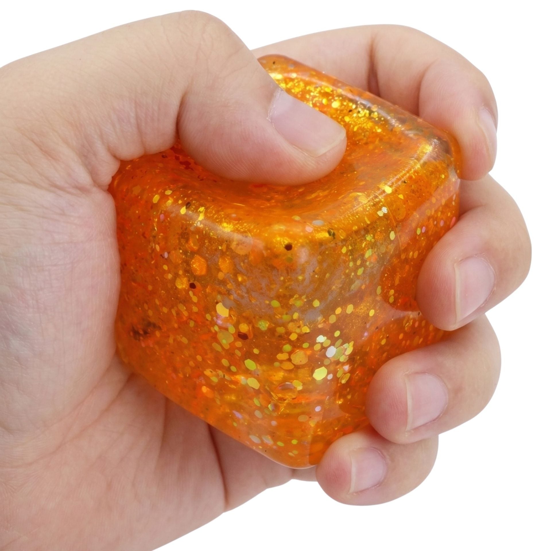 Jucarie Squishy tip Needoh in Forma de Cub, Model Ice Cube cu Sclipici Magic, Antistres Senzoriala Comprimabila cu Revenire Lenta, 4x4 cm, 80 g, Portocaliu