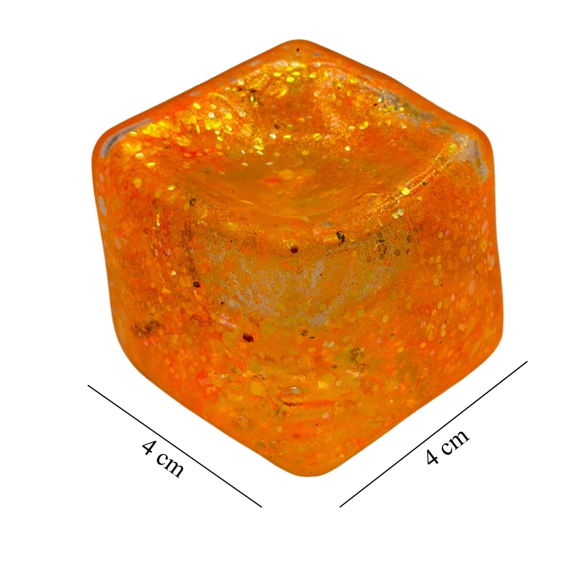 Jucarie Squishy tip Needoh in Forma de Cub, Model Ice Cube cu Sclipici Magic, Antistres Senzoriala Comprimabila cu Revenire Lenta, 4x4 cm, 80 g, Portocaliu