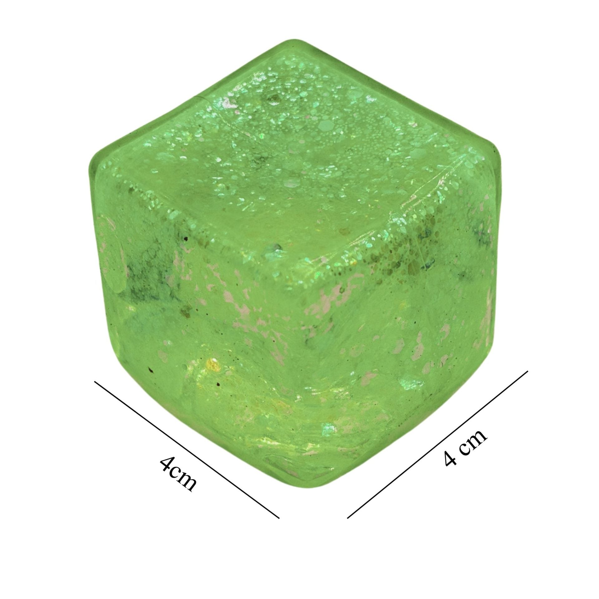 Jucarie Squishy tip Needoh in Forma de Cub, Model Ice Cube cu Sclipici Magic, Antistres Senzoriala Comprimabila cu Revenire Lenta, 4x4 cm, 80 g, Verde