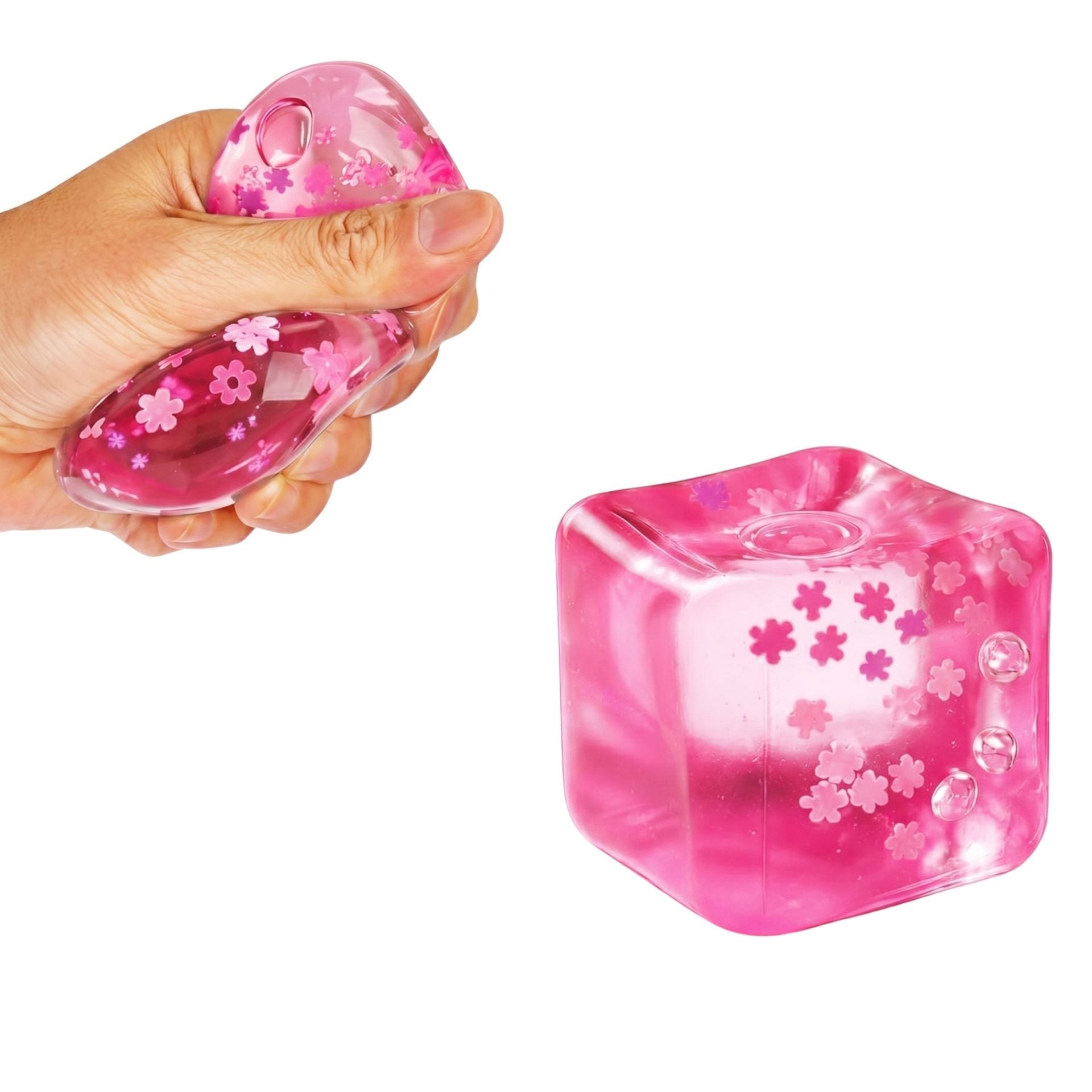 Jucarie Squishy tip Needoh in Forma de Cub, Model Ice Cube cu Fulgi de Nea, Antistres Senzoriala Comprimabila cu Revenire Lenta, 4.5x4.5x4.5 cm, 110 g, Roz