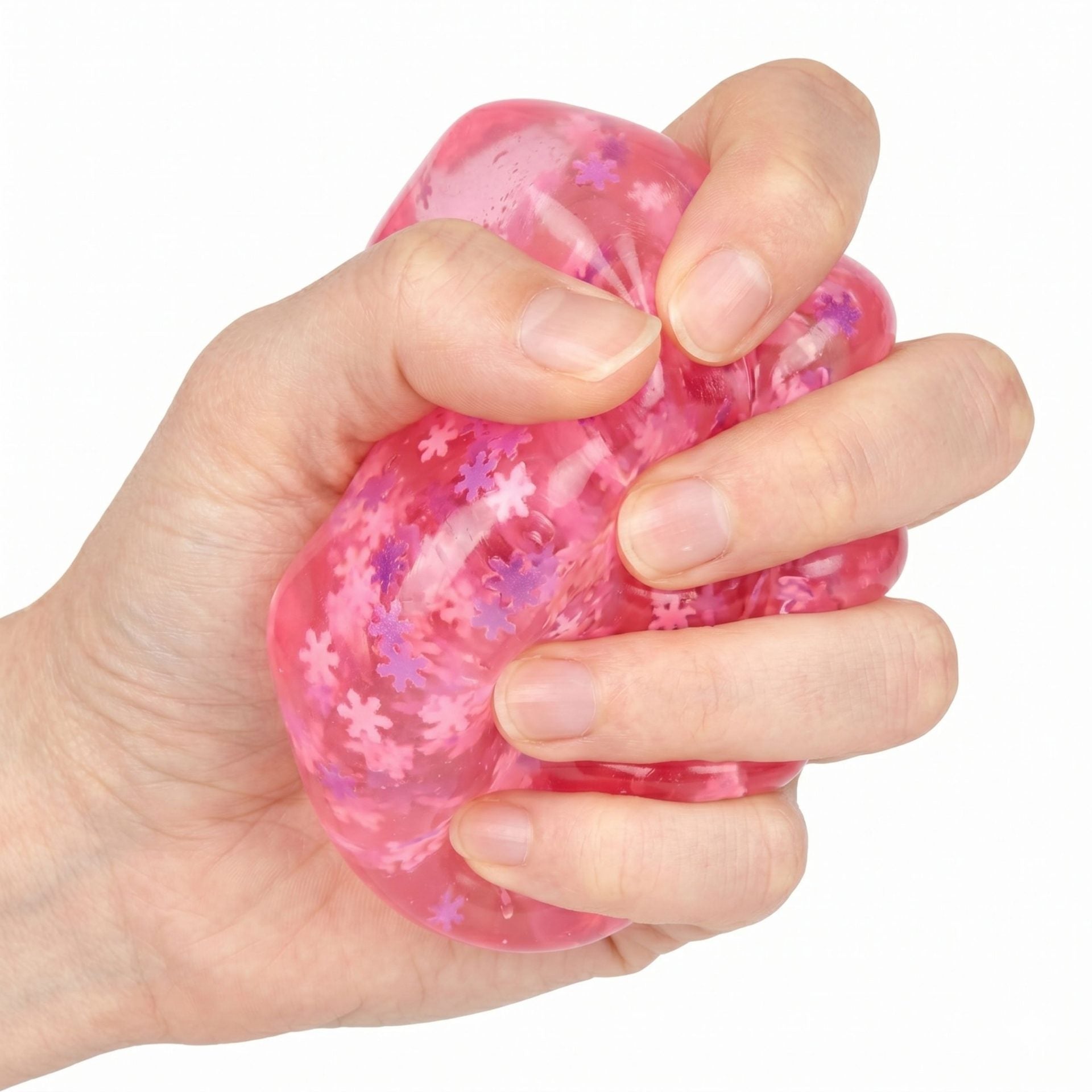 Jucarie Squishy tip Needoh in Forma de Cub, Model Ice Cube cu Fulgi de Nea, Antistres Senzoriala Comprimabila cu Revenire Lenta, 4.5x4.5x4.5 cm, 110 g, Roz