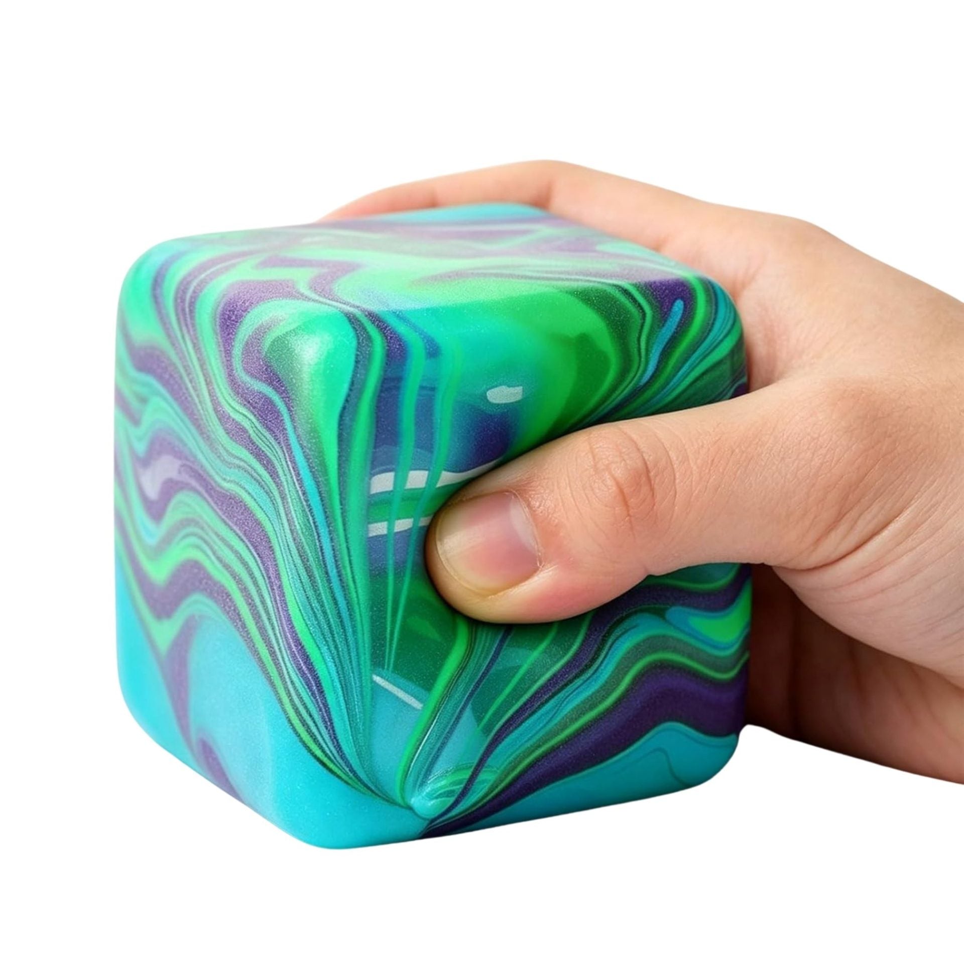 Jucarie Squishy tip Needoh in Forma de Cub de Gheata, Model Linii Flow din Maltoza, Antistres Senzoriala Comprimabila cu Revenire Lenta, 5.5x5.5x5.5 cm, 180 g, Verde