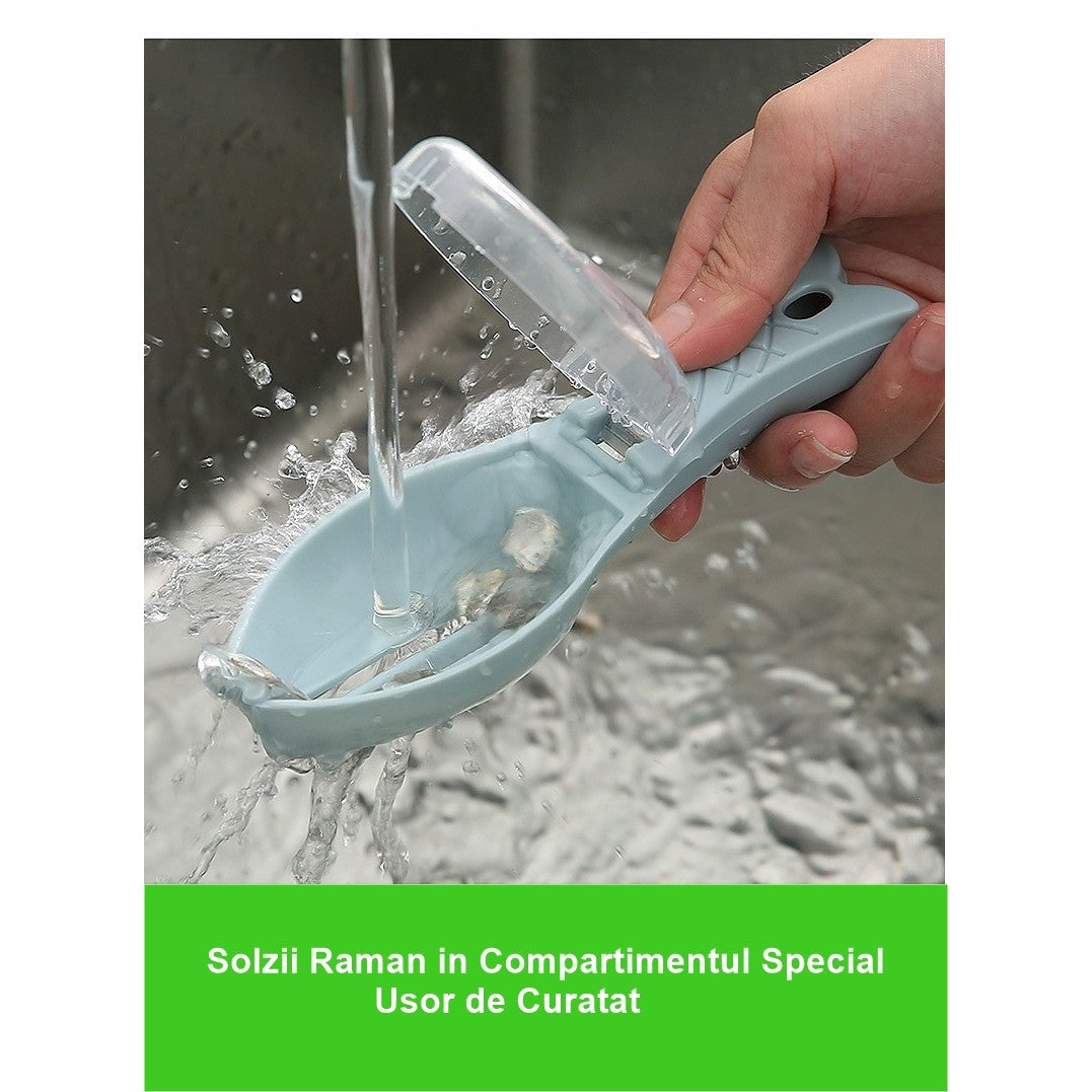 Curatator Manual Solzi de Peste, Forma Peste , Recipient cu Capcac pentru Solzi, Plastic, Albastru deschis, 16x6 cm