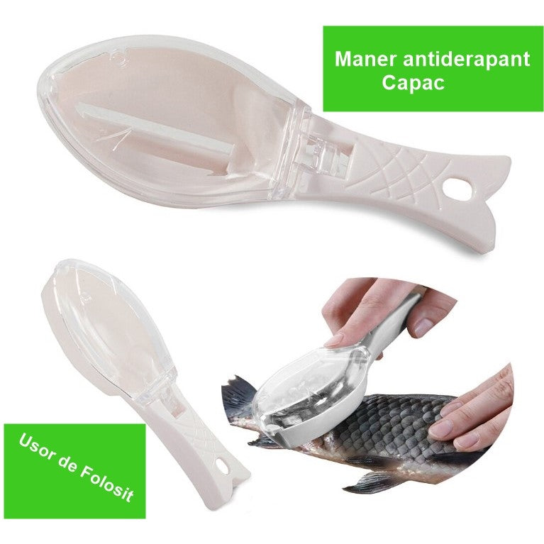 Curatator Manual Solzi de Peste, Forma Peste , Recipient cu Capcac pentru Solzi, Plastic, Roz pal, 16x6 cm