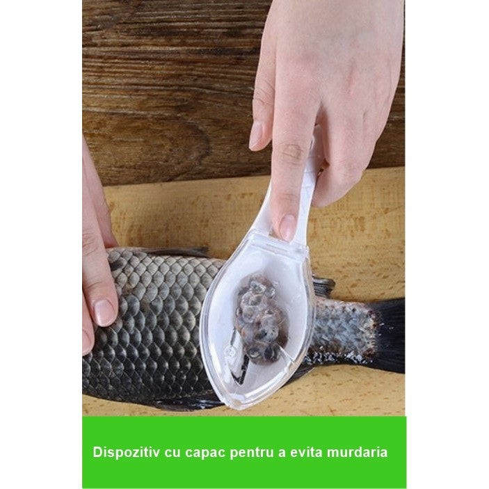 Curatator Manual Solzi de Peste, Forma Peste , Recipient cu Capcac pentru Solzi, Plastic, Roz pal, 16x6 cm