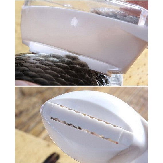 Curatator Manual Solzi de Peste, Forma Peste , Recipient cu Capcac pentru Solzi, Plastic, Roz pal, 16x6 cm