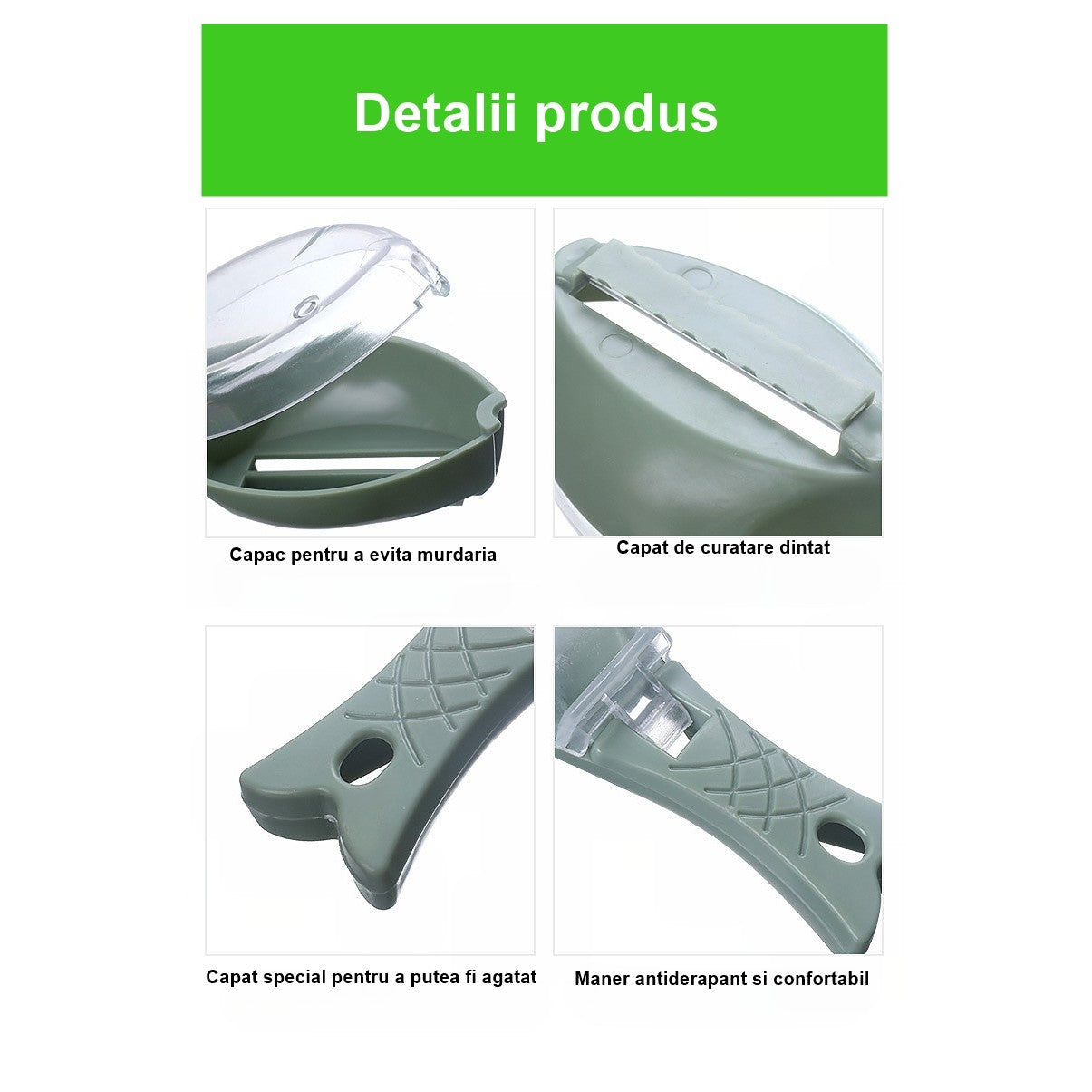 Curatator Manual Solzi de Peste, Forma Peste , Recipient cu Capcac pentru Solzi, Plastic, Verde deschis, 16x6 cm