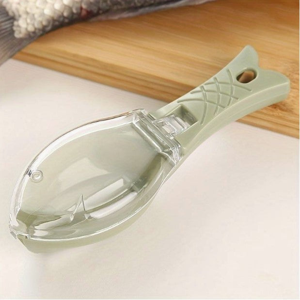 Curatator Manual Solzi de Peste, Forma Peste , Recipient cu Capcac pentru Solzi, Plastic, Verde deschis, 16x6 cm