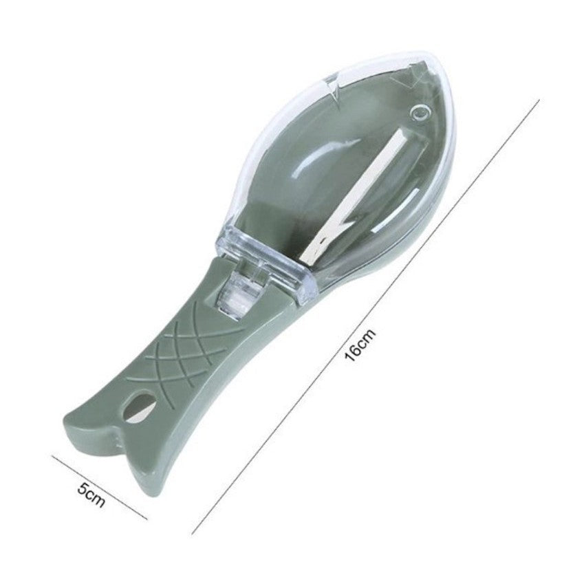 Curatator Manual Solzi de Peste, Forma Peste , Recipient cu Capcac pentru Solzi, Plastic, Verde deschis, 16x6 cm