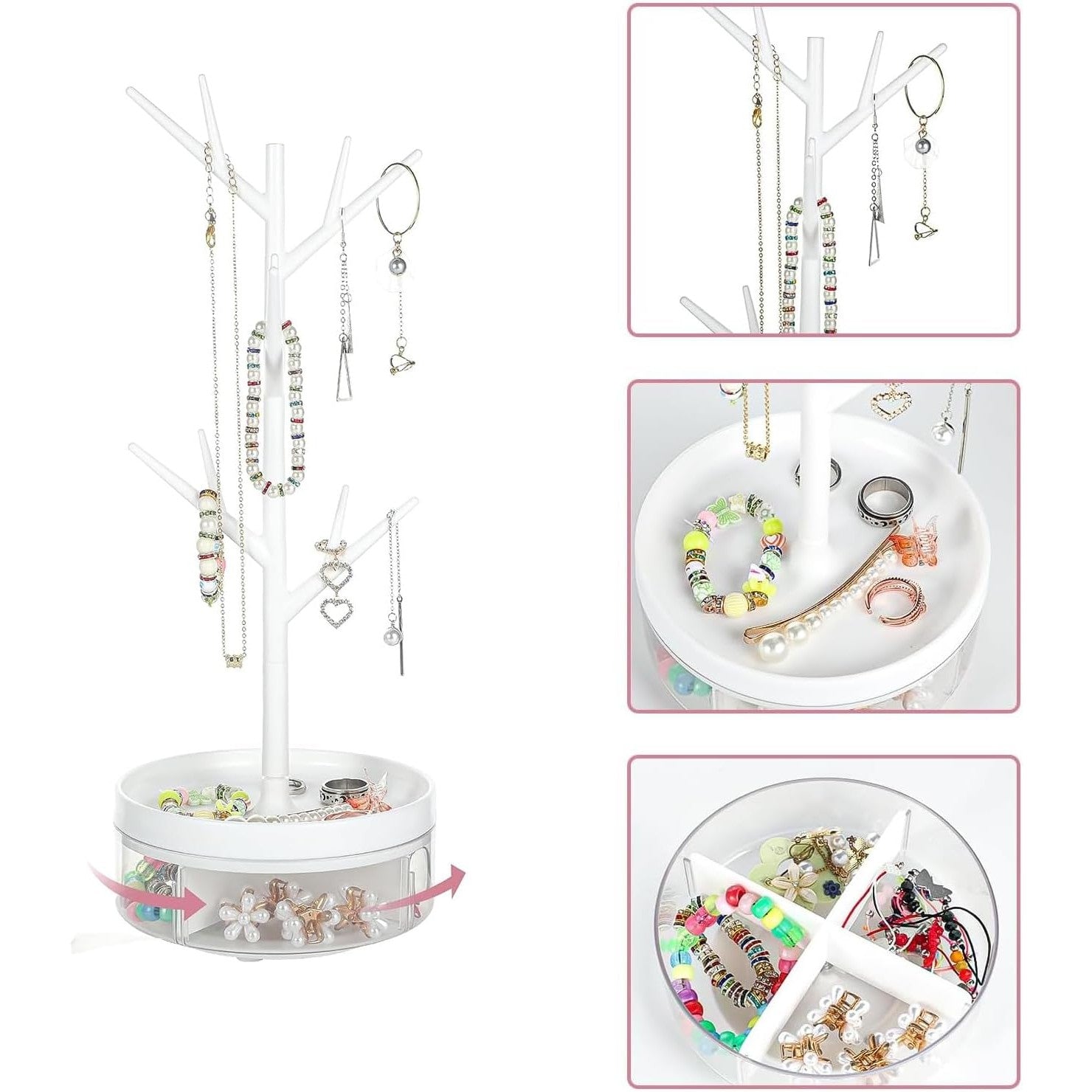 Cutie de Bijuterii, Rotativa, cu Suport Tip Ramura, 36.5 x 14 cm, din ABS+PP, Alb