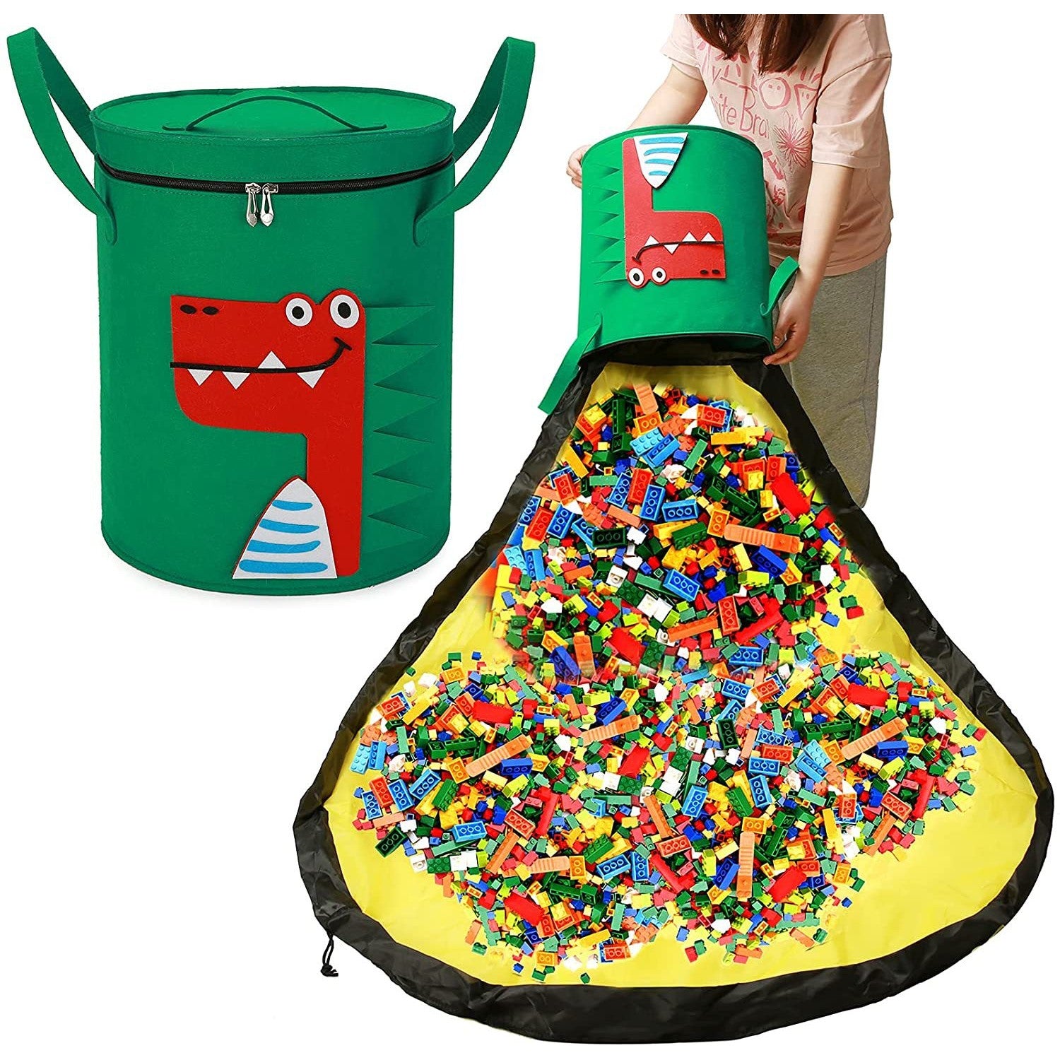 Cutie de Depozitare 2In1, Impermeabila, Covor pentru Jucarii si Lego 150cm, Capacitate Mare, cu Manere, cu Sfori, Inaltime 40cm, Model Crocodil, Verde