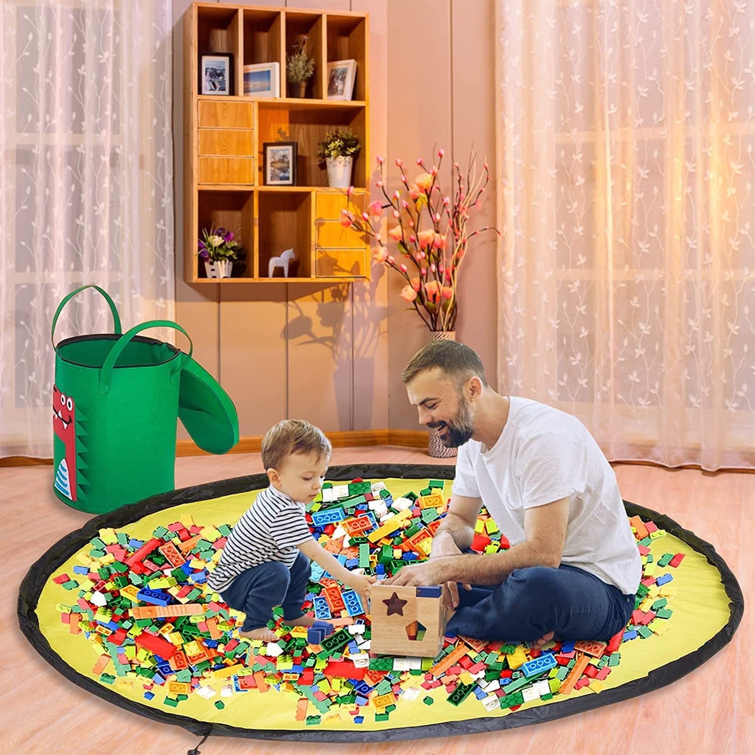 Cutie de Depozitare 2In1, Impermeabila, Covor pentru Jucarii si Lego 150cm, Capacitate Mare, cu Manere, cu Sfori, Inaltime 40cm, Model Crocodil, Verde