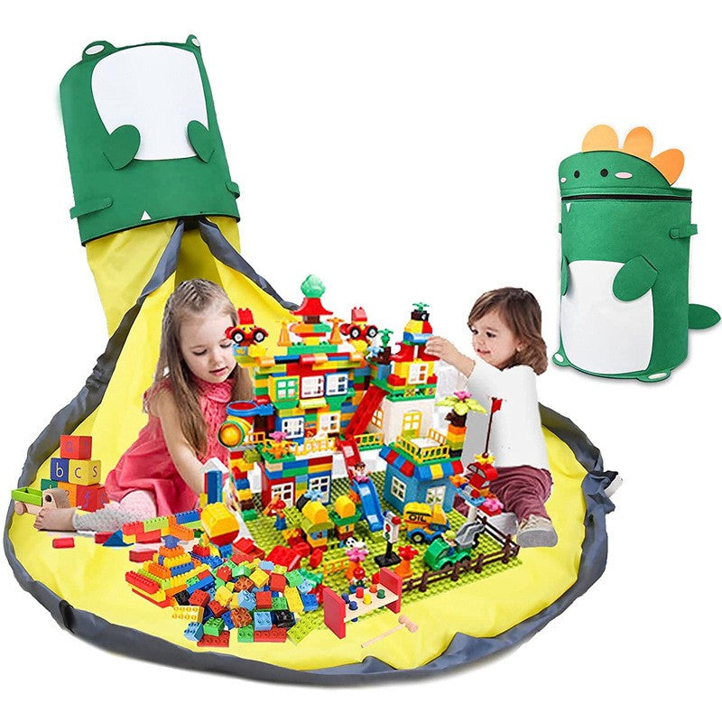 Cutie de Depozitare 2In1, Impermeabila, Covor pentru Jucarii si Lego 150cm, Capacitate Mare, cu Manere, cu Sfori, Inaltime 40cm, Model Dinozaur, Verde
