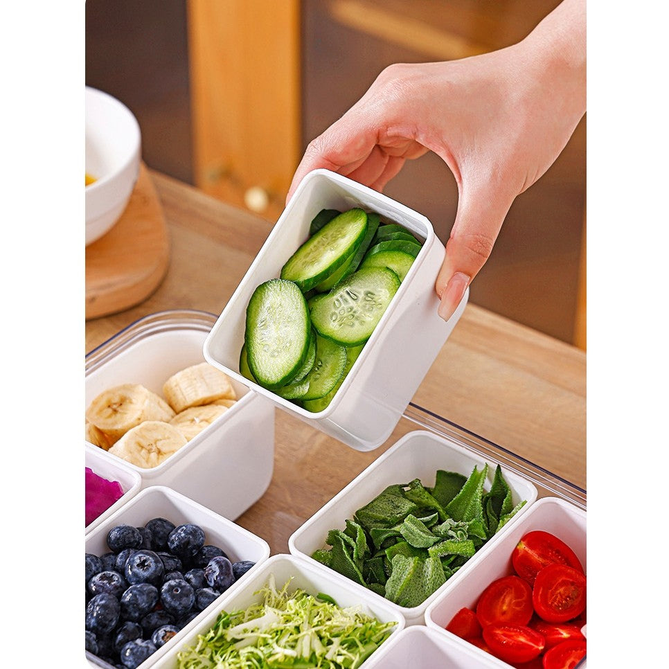 Cutie pentru Depozitare Alimente, 8 Compartimente cu Capac, Material PET+PP, 29 x 20 x 9 cm, Alb/Transparent