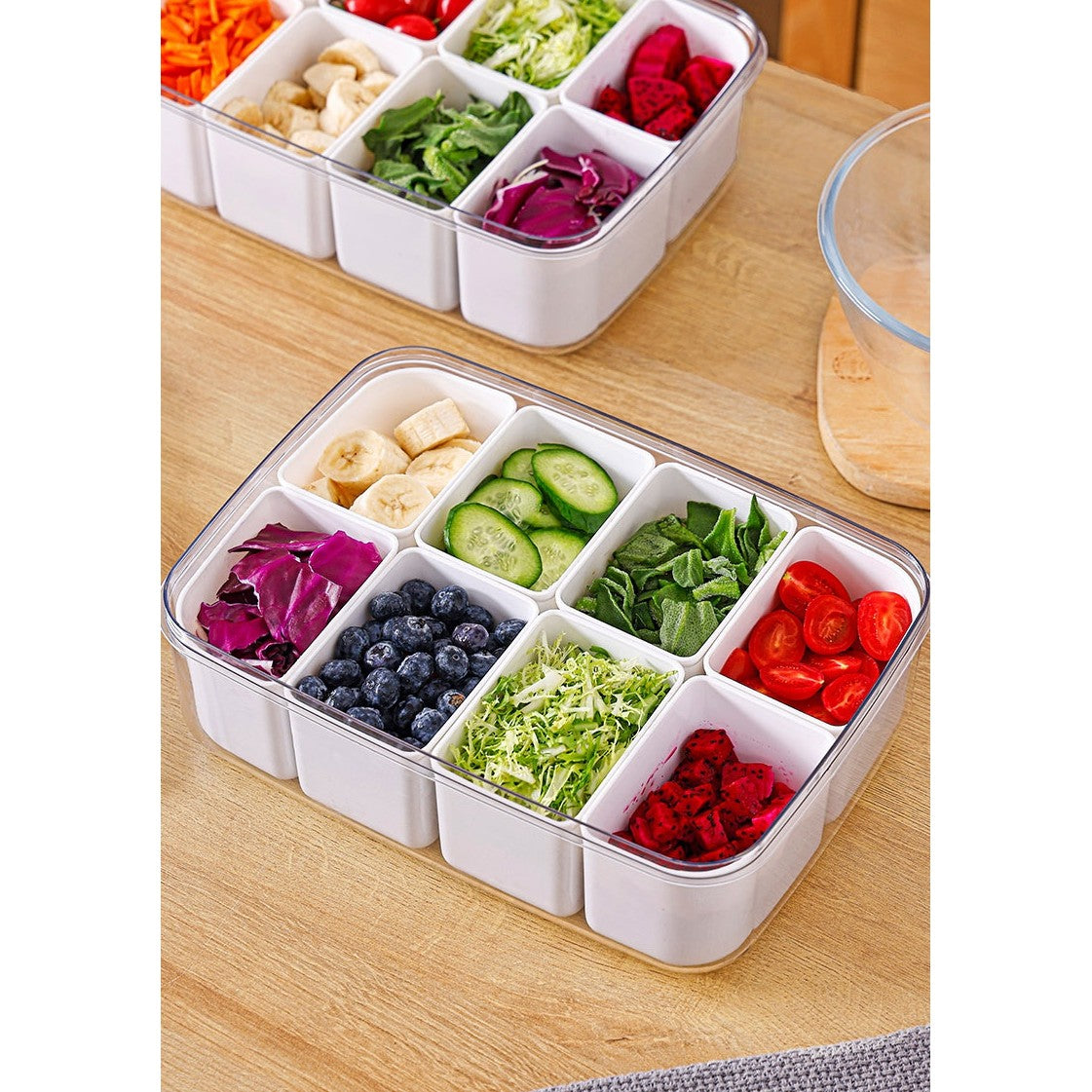 Cutie pentru Depozitare Alimente, 8 Compartimente cu Capac, Material PET+PP, 29 x 20 x 9 cm, Alb/Transparent