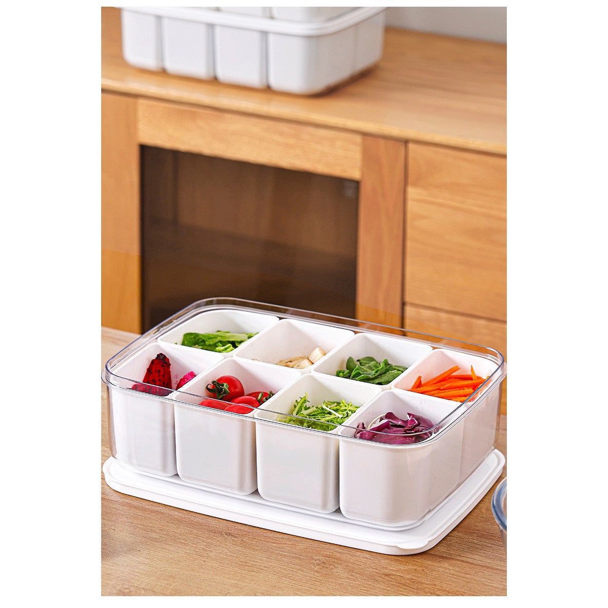 Cutie pentru Depozitare Alimente, 8 Compartimente cu Capac, Material PET+PP, 29 x 20 x 9 cm, Alb/Transparent