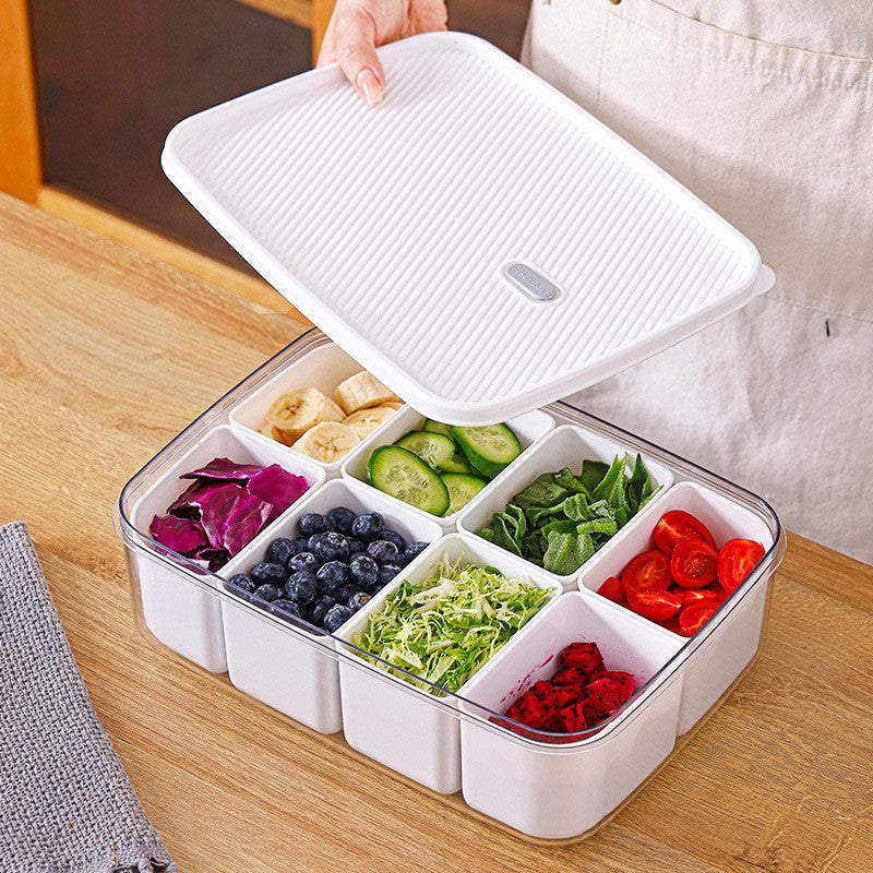 Cutie pentru Depozitare Alimente, 8 Compartimente cu Capac, Material PET+PP, 29 x 20 x 9 cm, Alb/Transparent