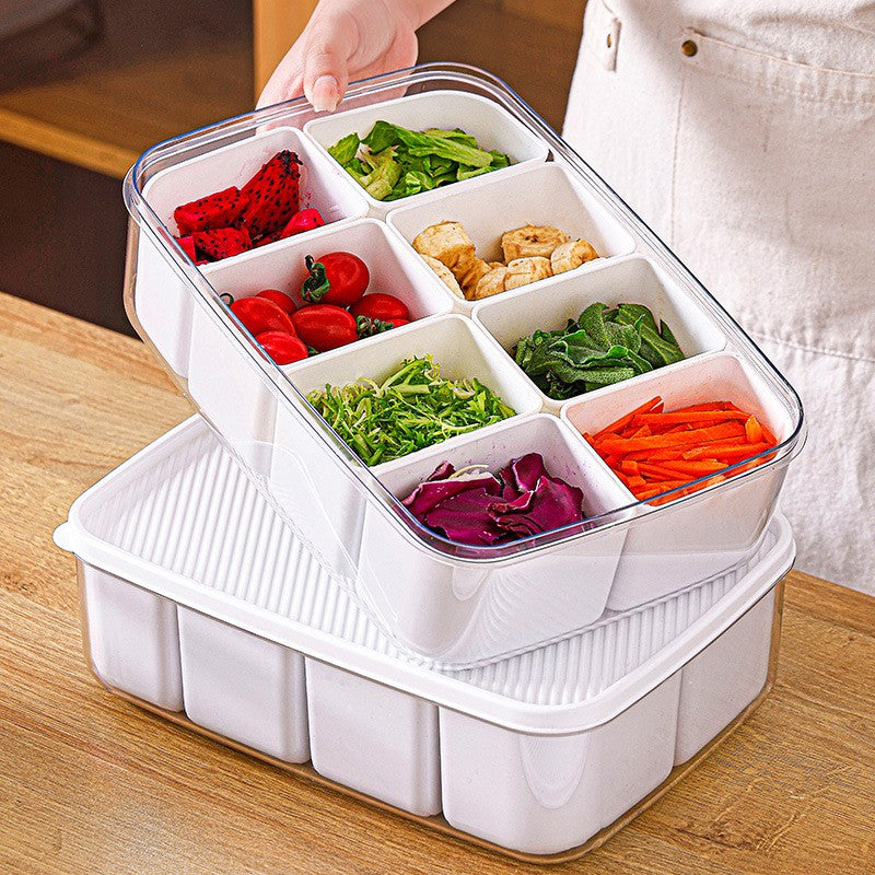 Cutie pentru Depozitare Alimente, 8 Compartimente cu Capac, Material PET+PP, 29 x 20 x 9 cm, Alb/Transparent