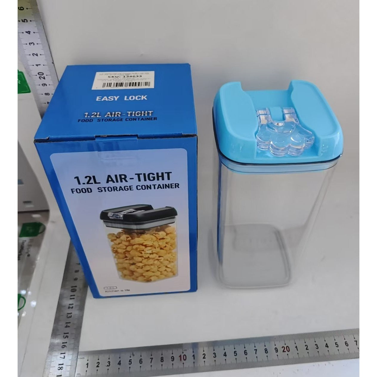 Cutie de Depozitare Alimente, 1.2L, Capac Albastru, din PP+PET, Inchidere Ermetica, 10 x 10 x 20.5 cm, Transparent
