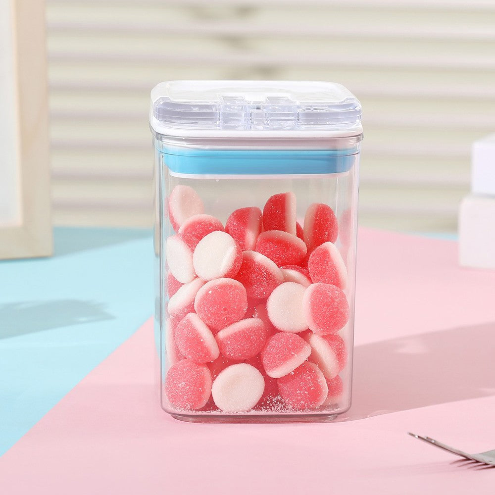 Cutie de Depozitare Alimente, Flippy, tip Container, 0.8L, 10x10x15.5 cm, Recipiente pentru Cereale in Bucatarie,  Transparente cu Capac Alb-Albastru