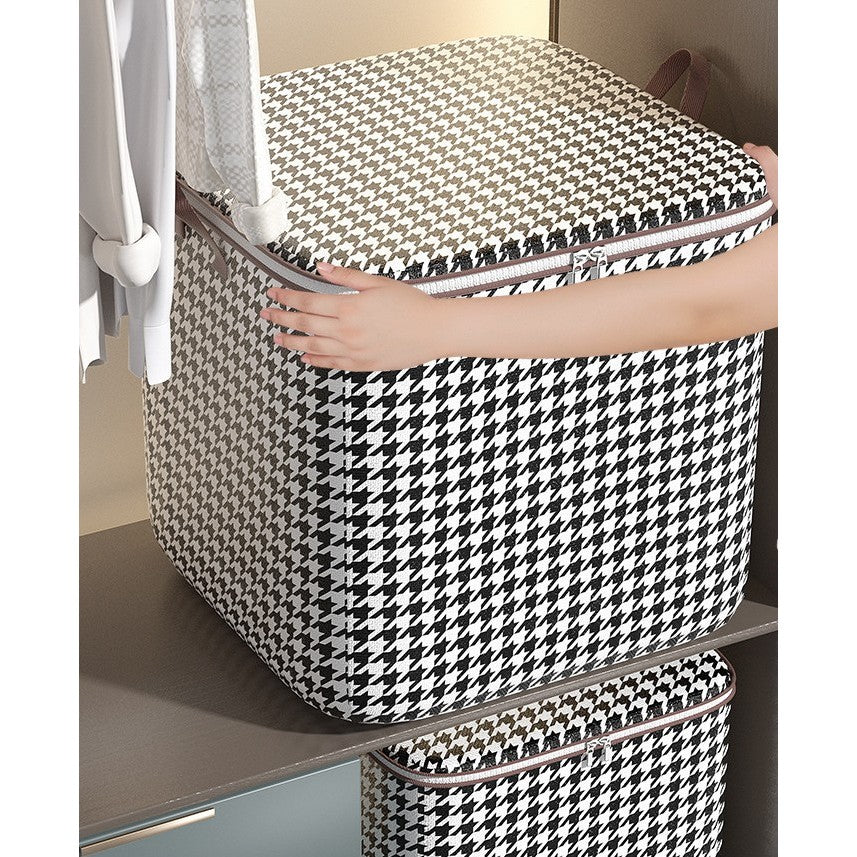 Cutie de Depozitare cu Fermoar, Pliabila, Maner Ranforsat, Fermoar Rezistent, pentru Haine, Paturi, Plapumi, Perne, Lenjerii de Pat, Jucarii, 80 Litri, in Carouri, Alb-Negru