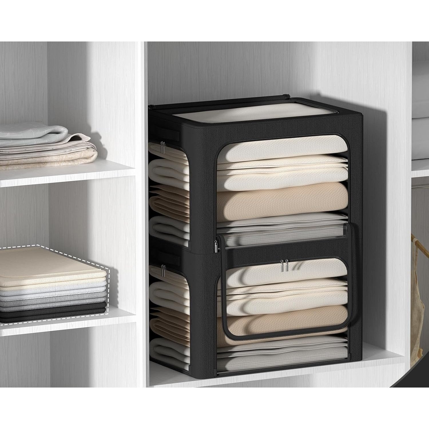 Cutie de Depozitare, cu 3 Ferestre cu Fermoar Bidirectional, Cadru din Otel, Impermeabil, 38L, 42 x 30 x 30 cm, Negru