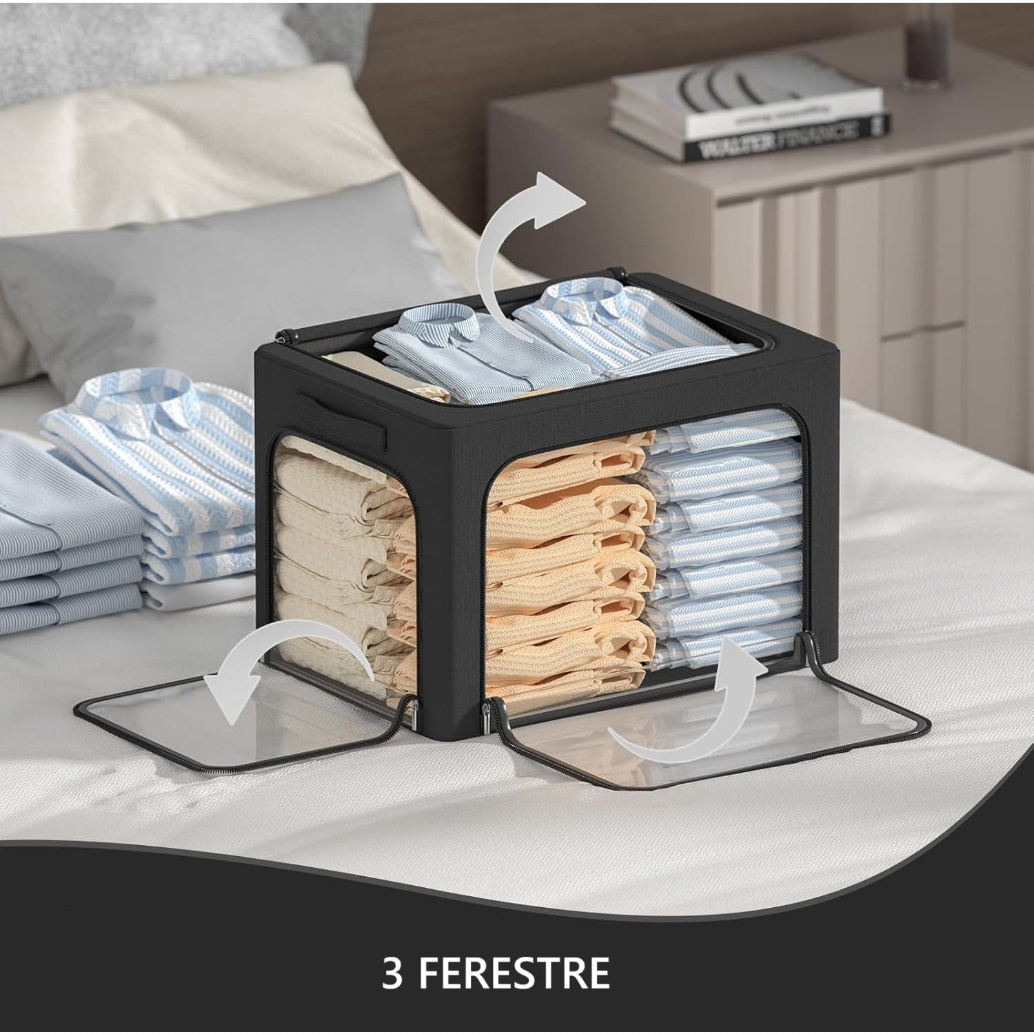 Cutie de Depozitare, cu 3 Ferestre cu Fermoar Bidirectional, Cadru din Otel, Impermeabil, 38L, 42 x 30 x 30 cm, Negru