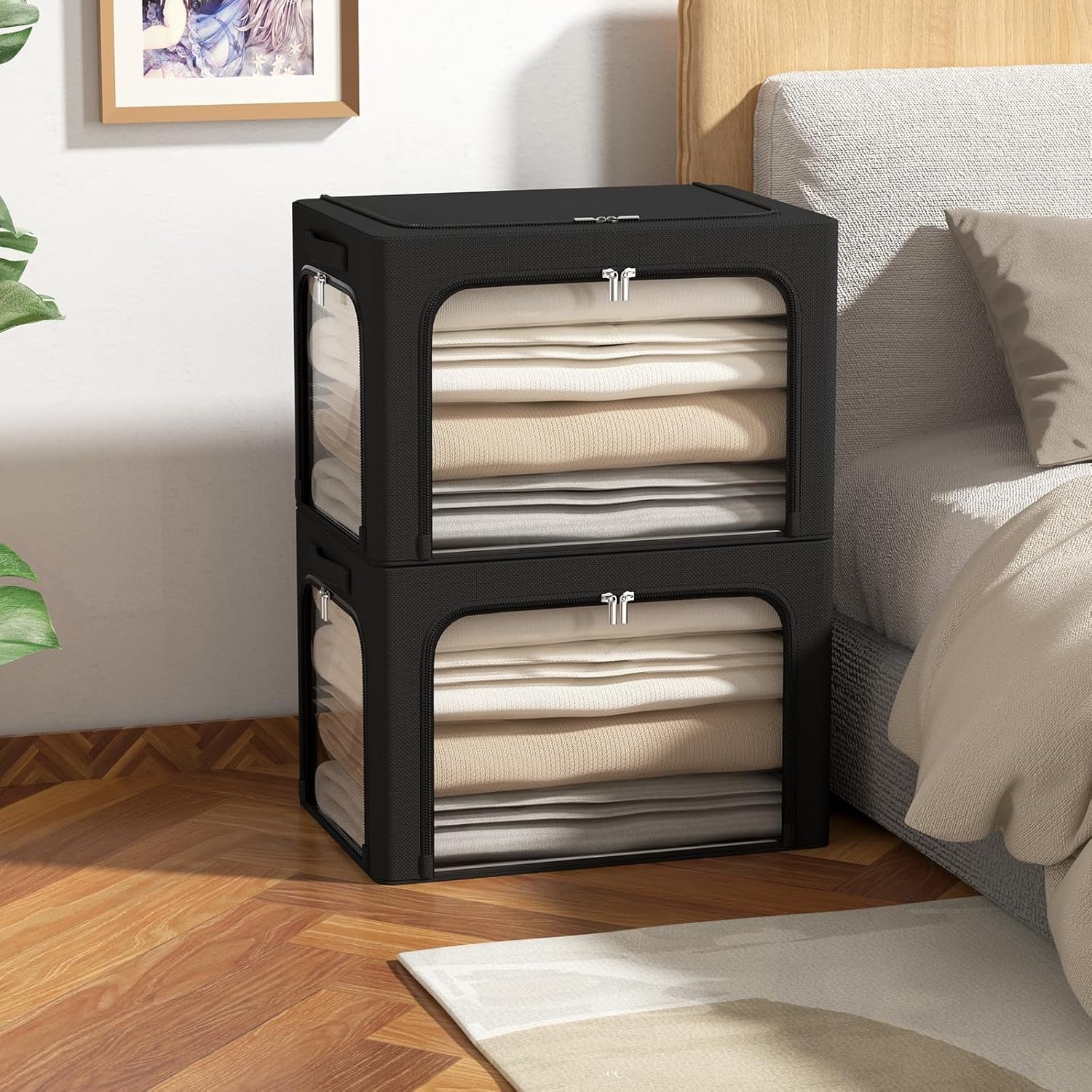 Cutie de Depozitare, cu 3 Ferestre cu Fermoar Bidirectional, Cadru din Otel, Impermeabil, 38L, 42 x 30 x 30 cm, Negru