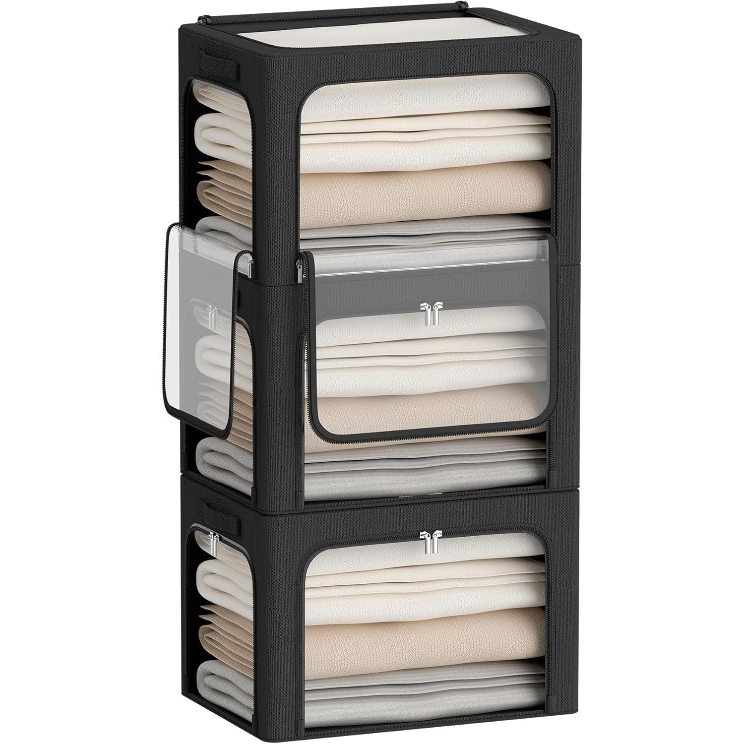 Cutie de Depozitare, cu 3 Ferestre cu Fermoar Bidirectional, Cadru din Otel, Impermeabil, 38L, 42 x 30 x 30 cm, Negru