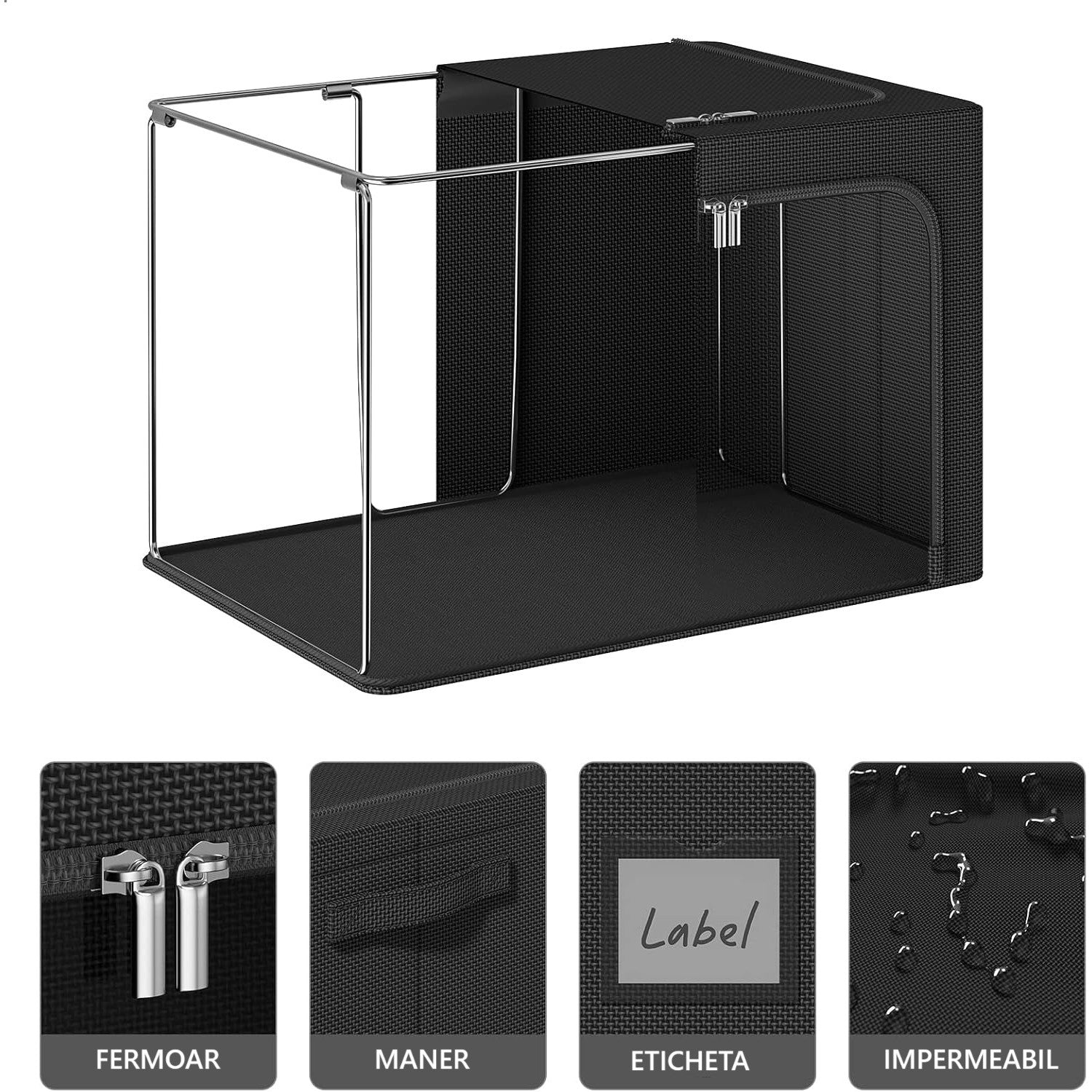 Cutie de Depozitare, cu 3 Ferestre cu Fermoar Bidirectional, Cadru din Otel, Impermeabil, 38L, 42 x 30 x 30 cm, Negru