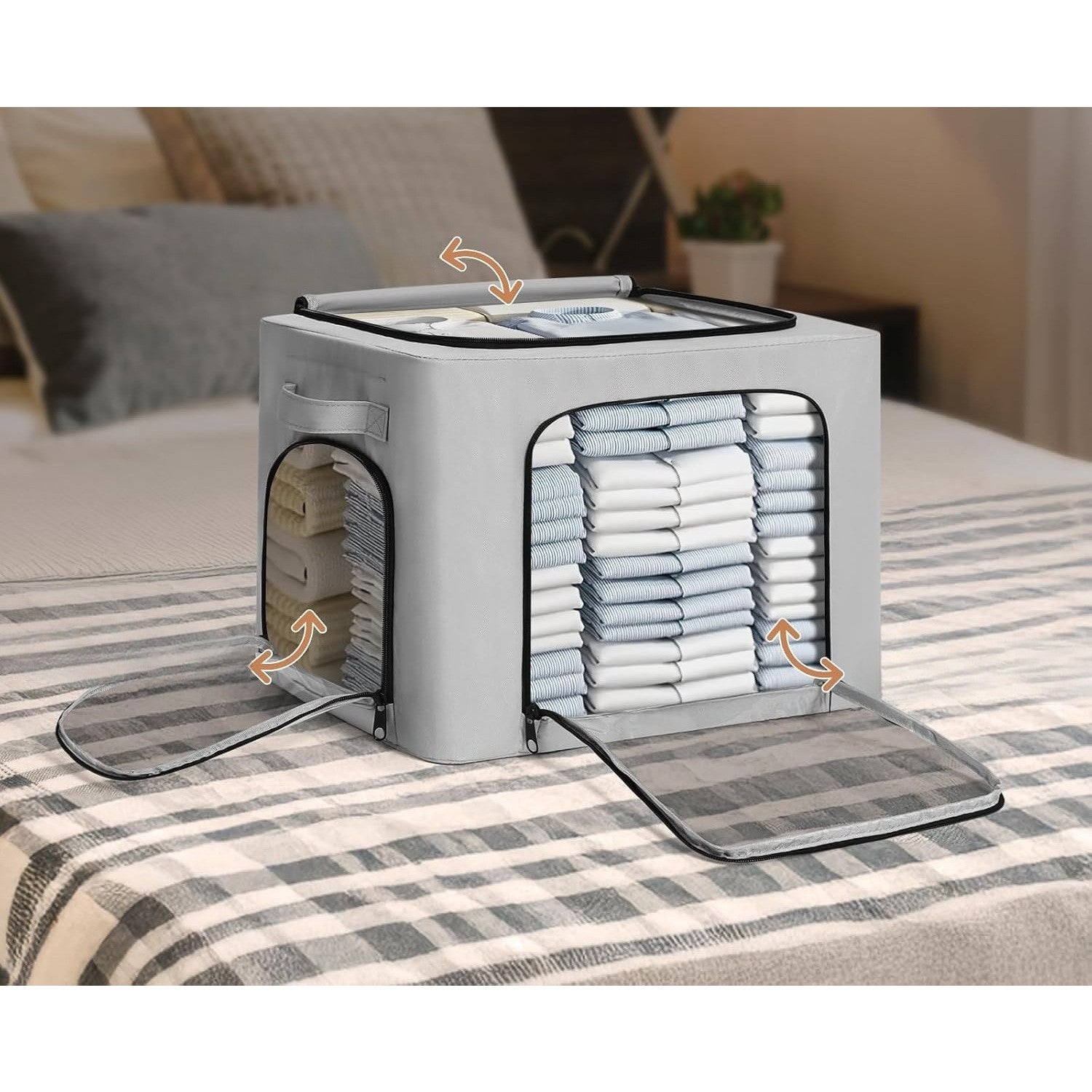 Cutie de Depozitare, cu 3 Ferestre cu Fermoar Bidirectional, Cadru din Otel, Impermeabil, 38L, 42 x 30 x 30 cm, Gri