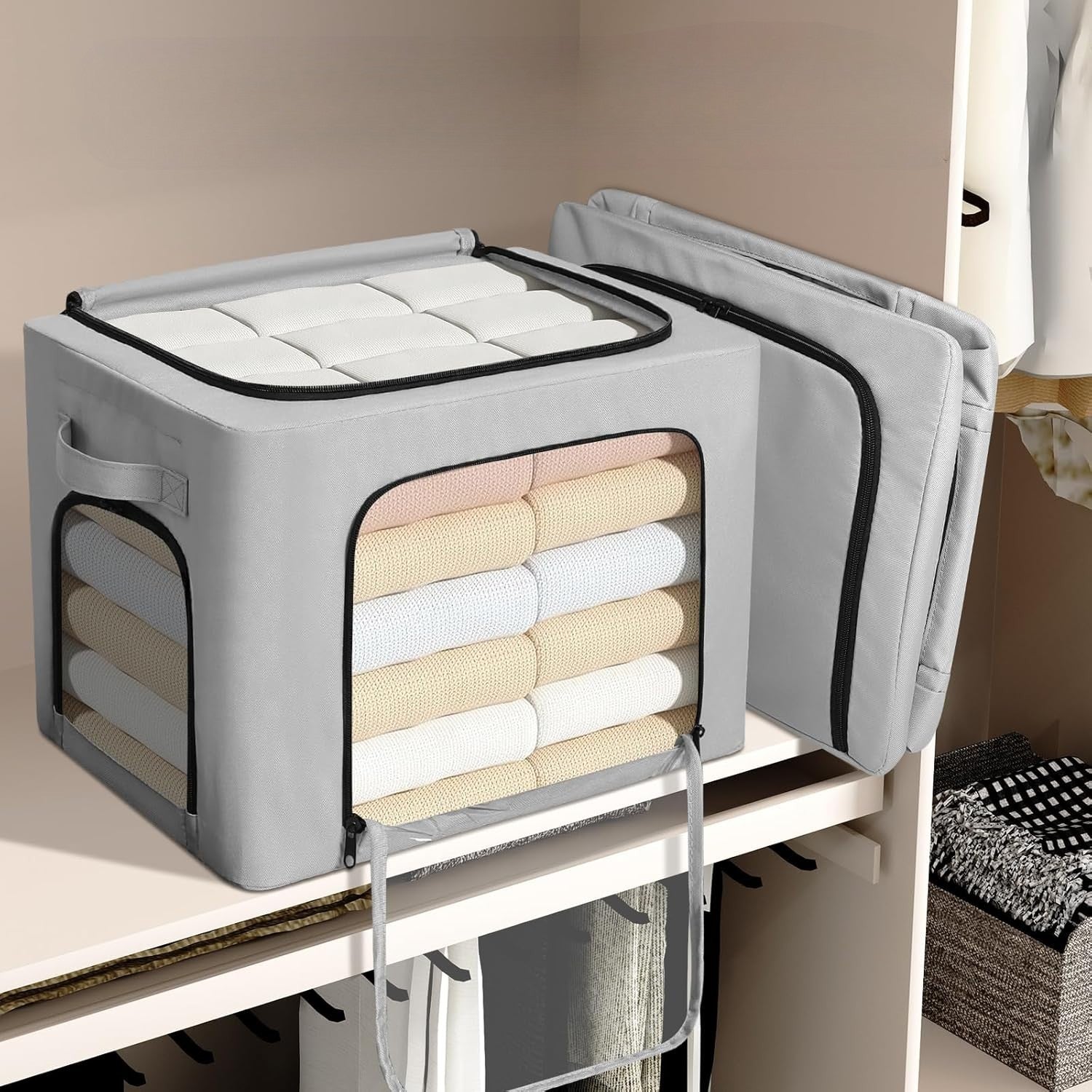 Cutie de Depozitare, cu 3 Ferestre cu Fermoar Bidirectional, Cadru din Otel, Impermeabil, 38L, 42 x 30 x 30 cm, Gri