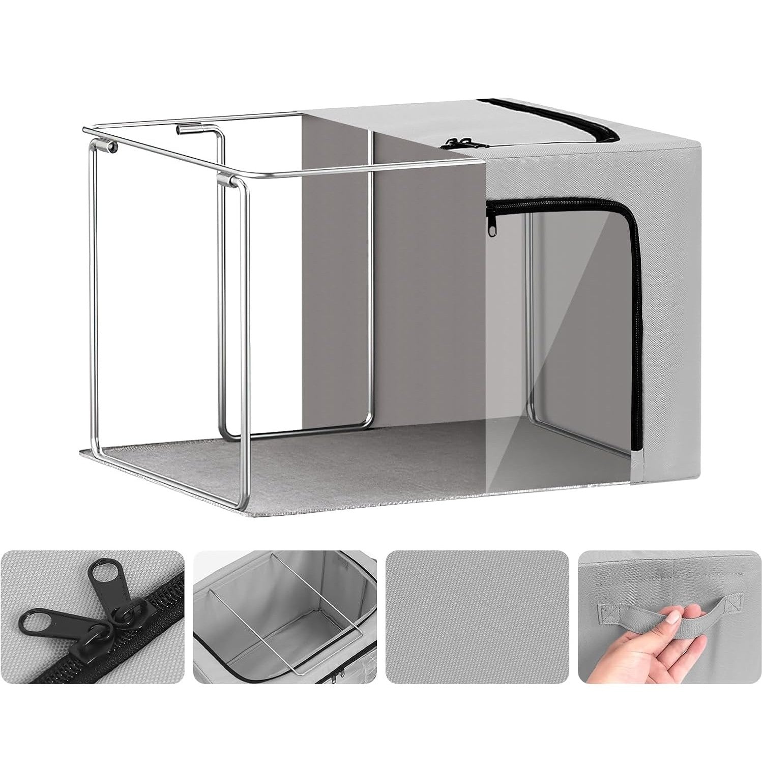 Cutie de Depozitare, cu 3 Ferestre cu Fermoar Bidirectional, Cadru din Otel, Impermeabil, 38L, 42 x 30 x 30 cm, Gri