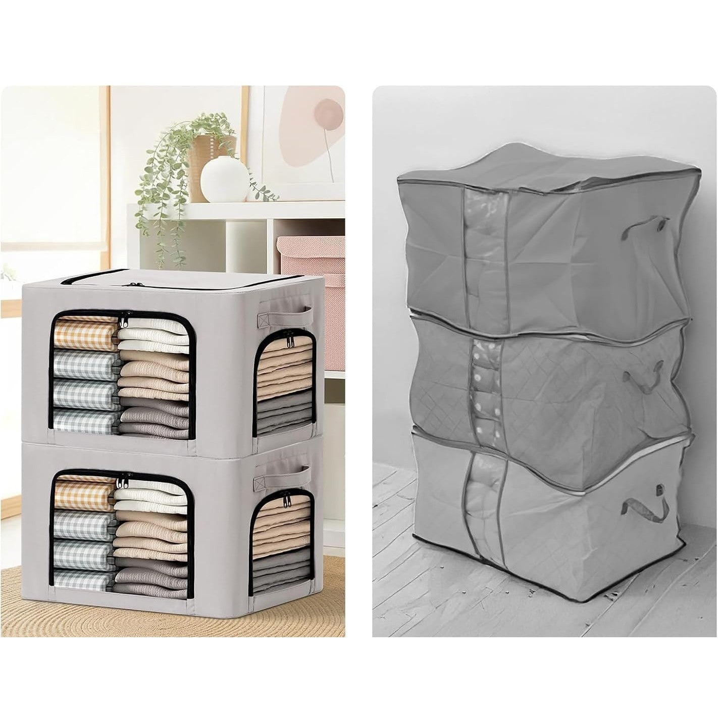 Cutie de Depozitare, cu 3 Ferestre cu Fermoar Bidirectional, Cadru din Otel, Impermeabil, 38L, 42 x 30 x 30 cm, Gri