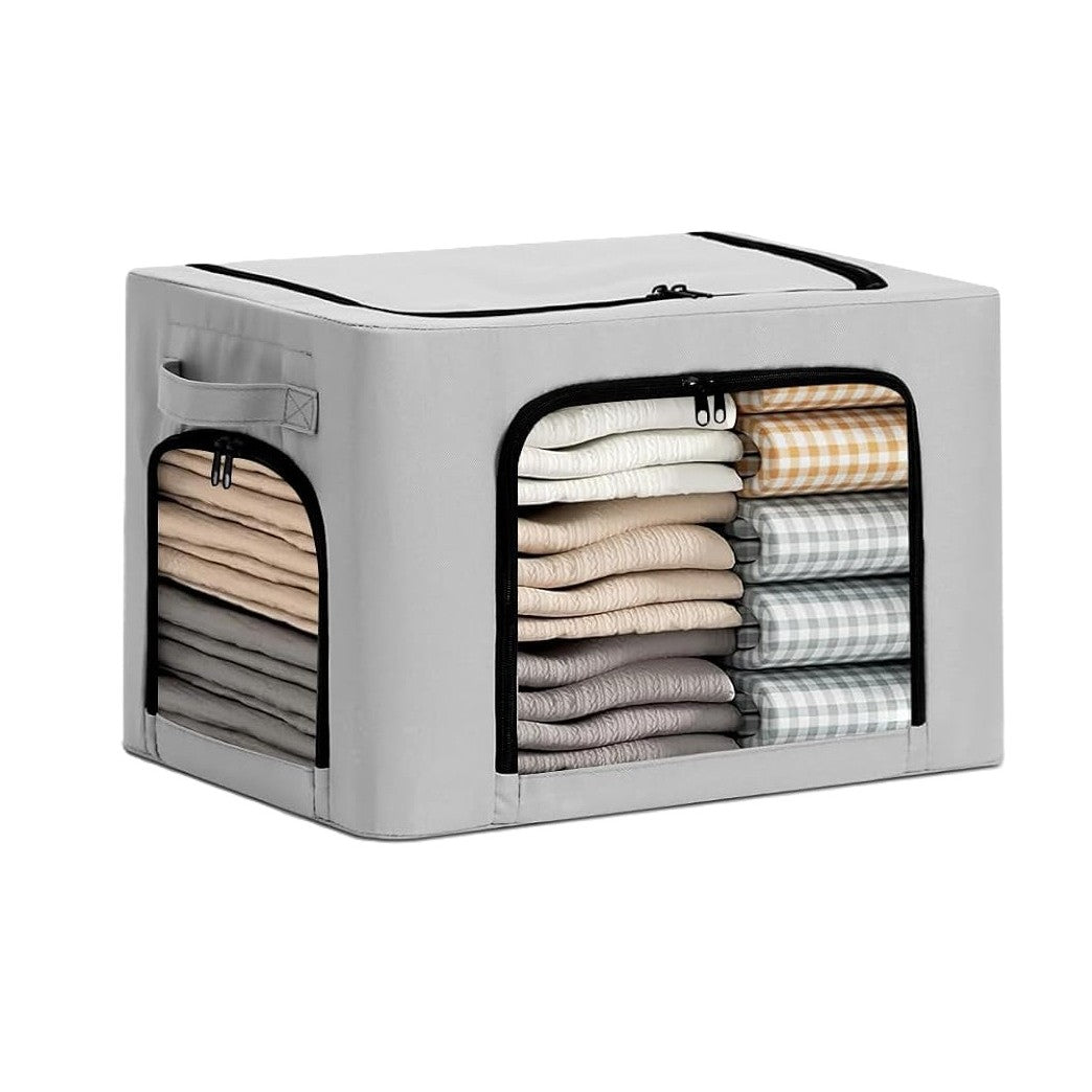 Cutie de Depozitare, cu 3 Ferestre cu Fermoar Bidirectional, Cadru din Otel, Impermeabil, 38L, 42 x 30 x 30 cm, Gri