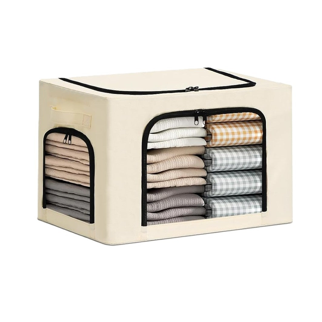 Cutie de Depozitare, cu 3 Ferestre cu Fermoar Bidirectional, Cadru din Otel, Impermeabil, 38L, 42 x 30 x 30 cm, Bej