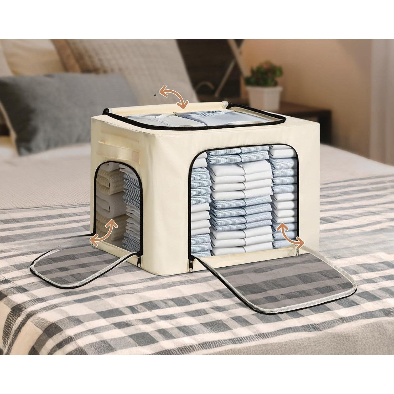 Cutie de Depozitare, cu 3 Ferestre cu Fermoar Bidirectional, Cadru din Otel, Impermeabil, 38L, 42 x 30 x 30 cm, Bej