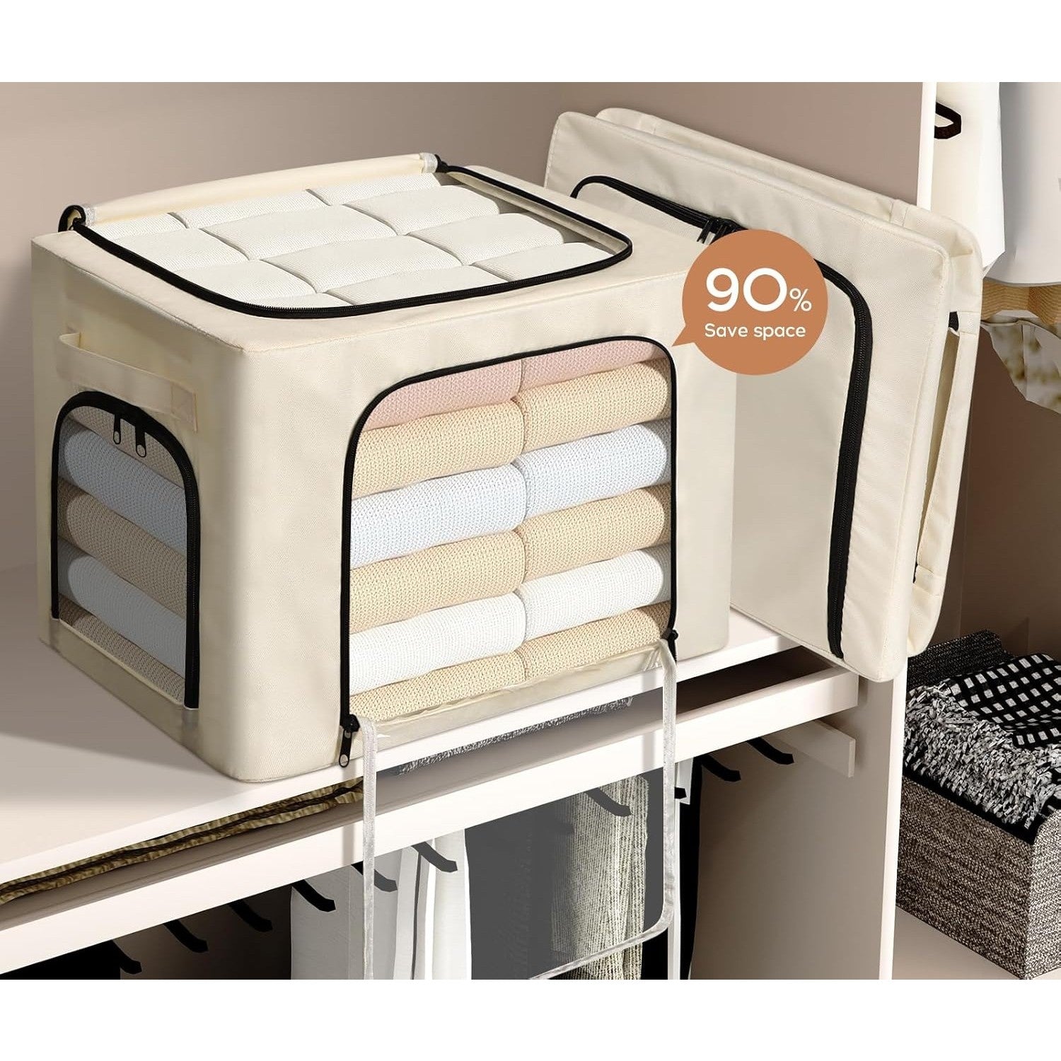 Cutie de Depozitare, cu 3 Ferestre cu Fermoar Bidirectional, Cadru din Otel, Impermeabil, 38L, 42 x 30 x 30 cm, Bej